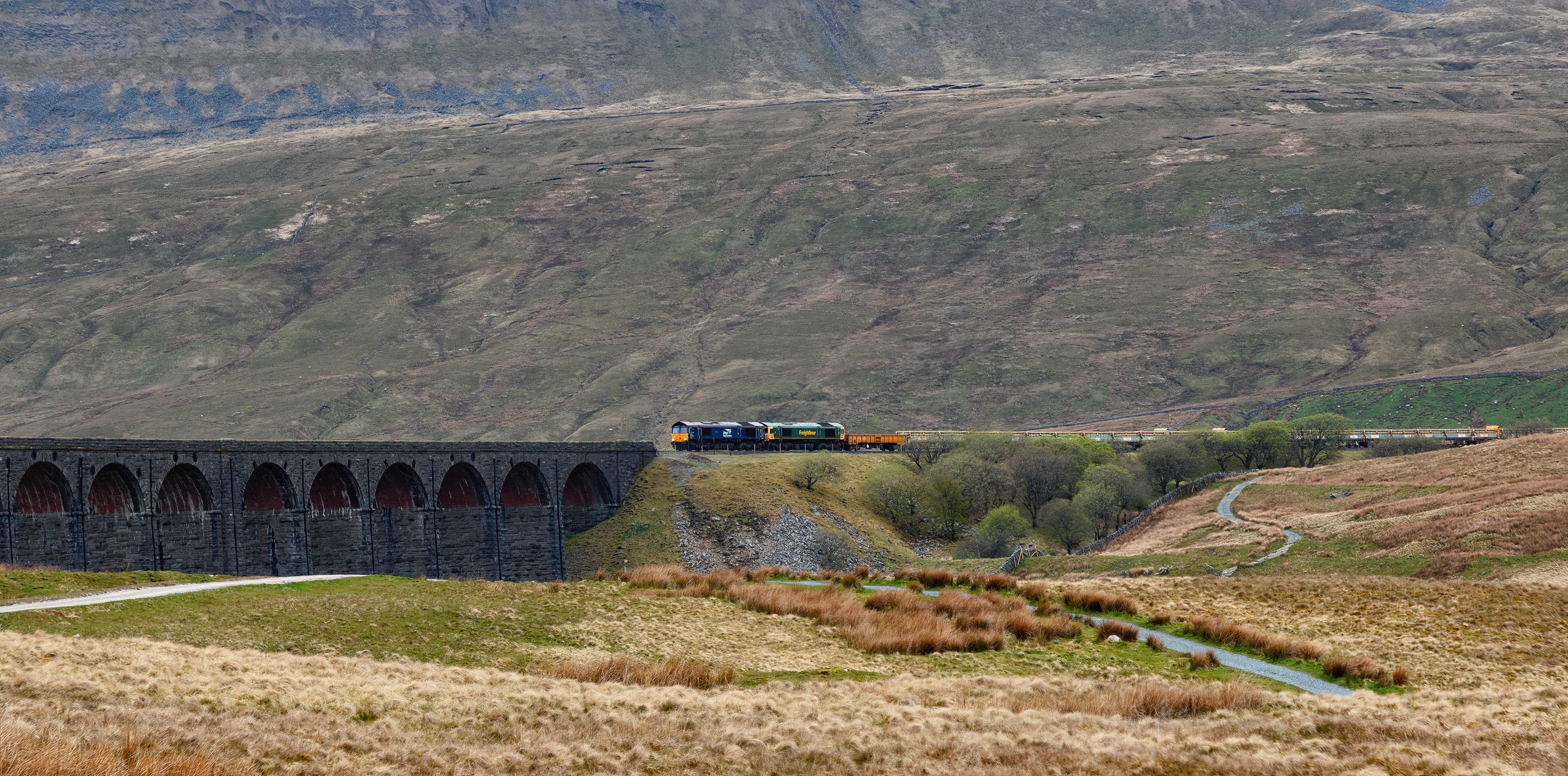 Double Head Class 66's crossing Ribblehead Viaduct with Whernside in the background