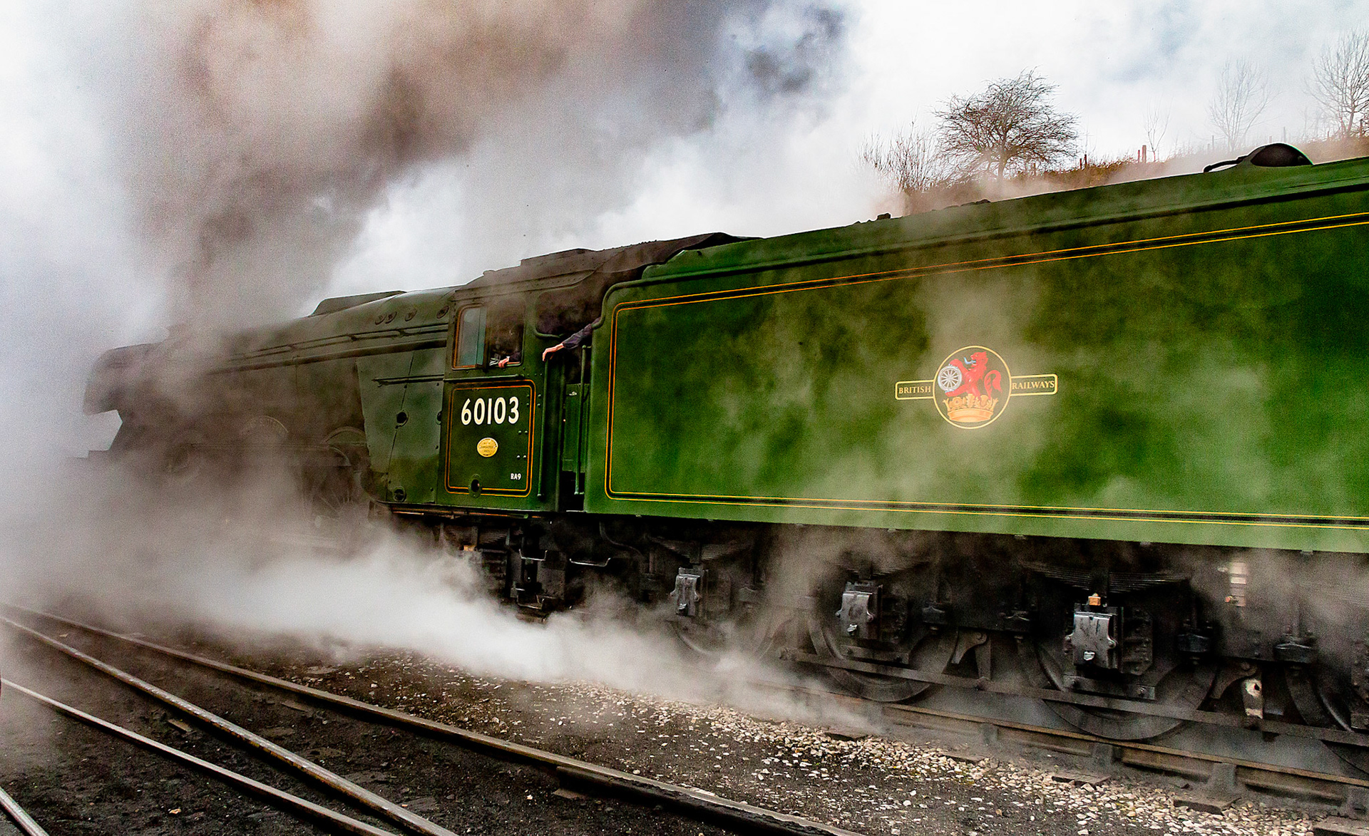 A3 60103 Flying Scotsman heads south past Grosmont shed