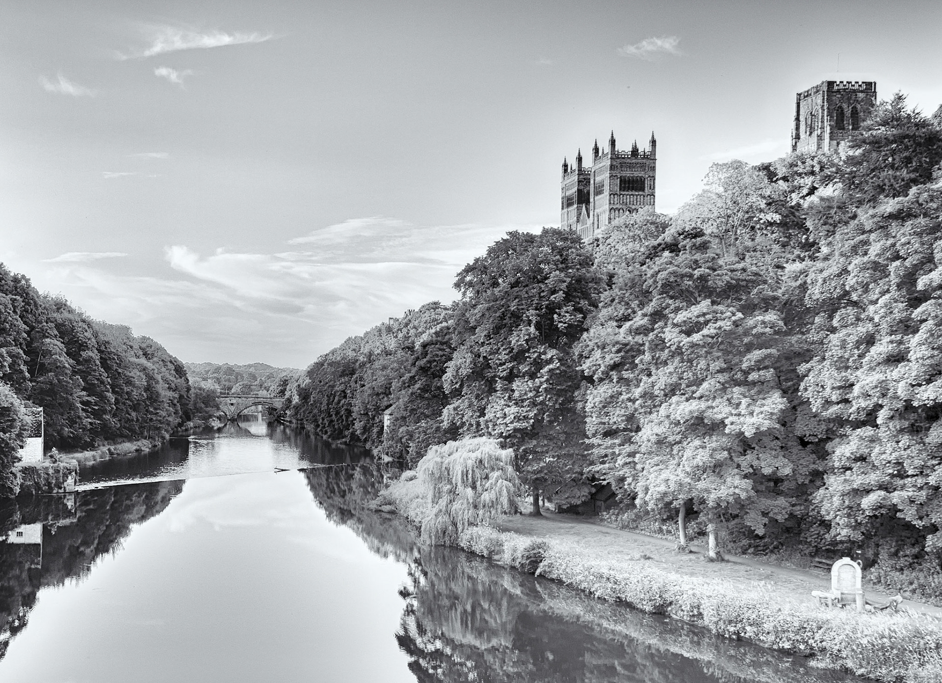 Durham Cathedral on the bank of a slow moving River Wear.