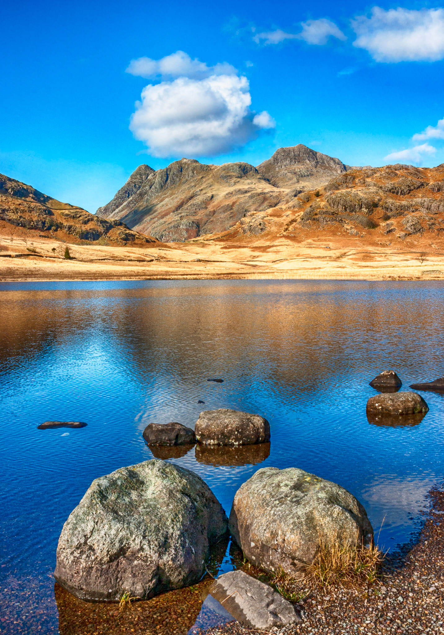 The Langdale Pikes in the Lake District National Park, Cumbria, UK. Photograph taken from Blea Tarn on the road between Great Langdale and Little Langdale