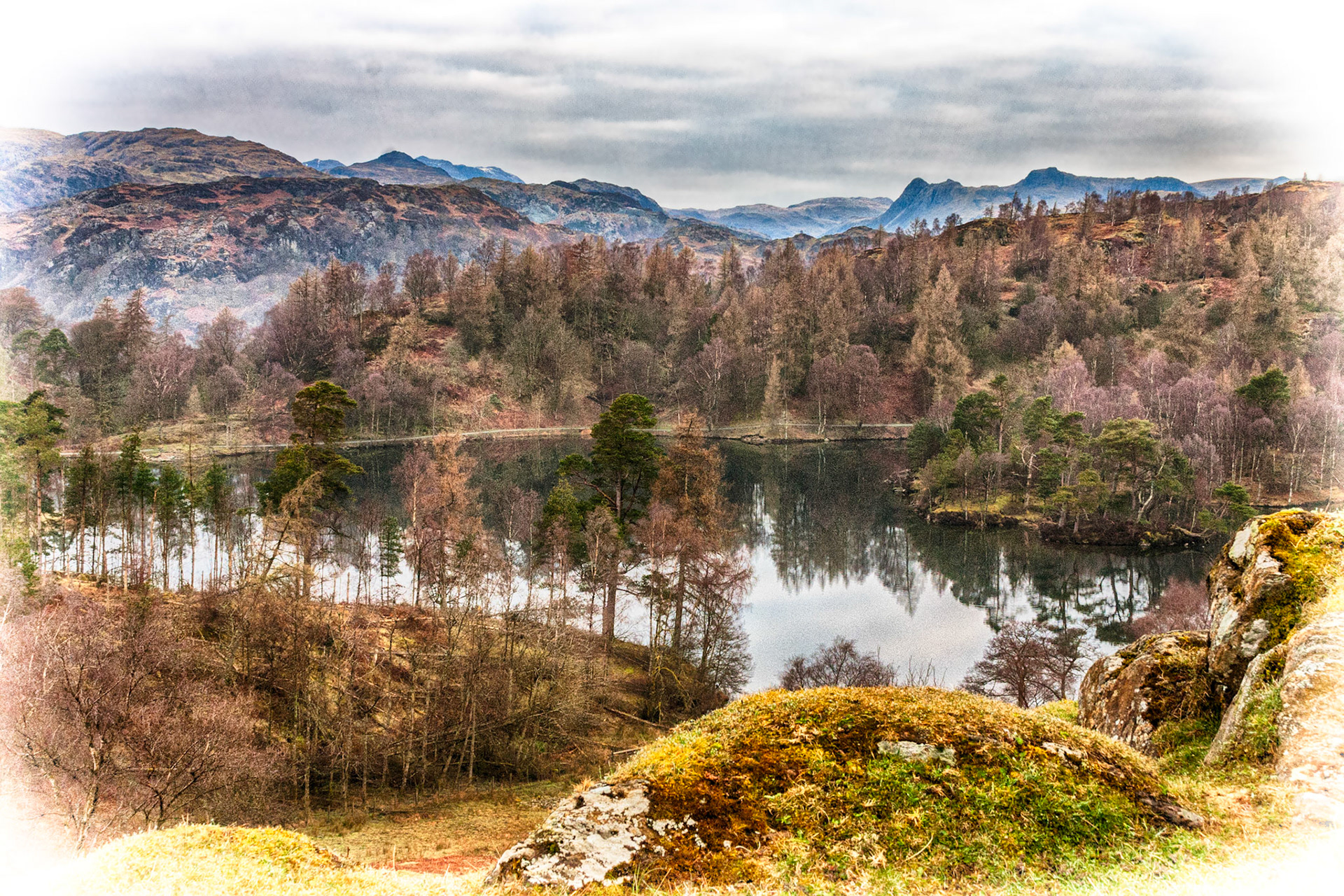 Tarn Hows in the English Lake District National Park. Looking north west towards the Langdale Pikes in the distance.