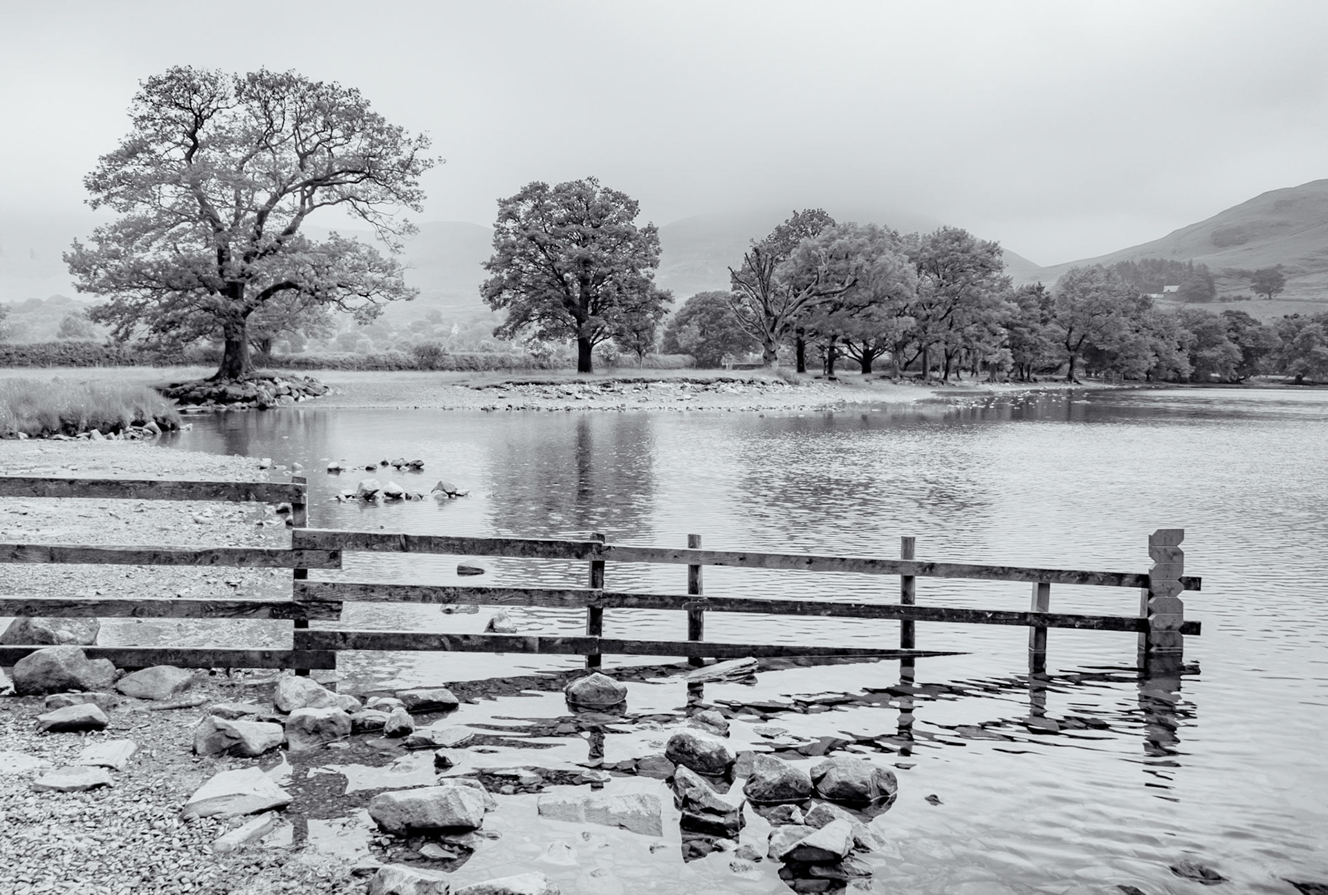 A toned image portraying the western edge of Buttermere lake in the English Lake District. The 2417 feet mountain Robinson is lurking in the mist beyond on this typical misty but still beautiful Lakeland day.