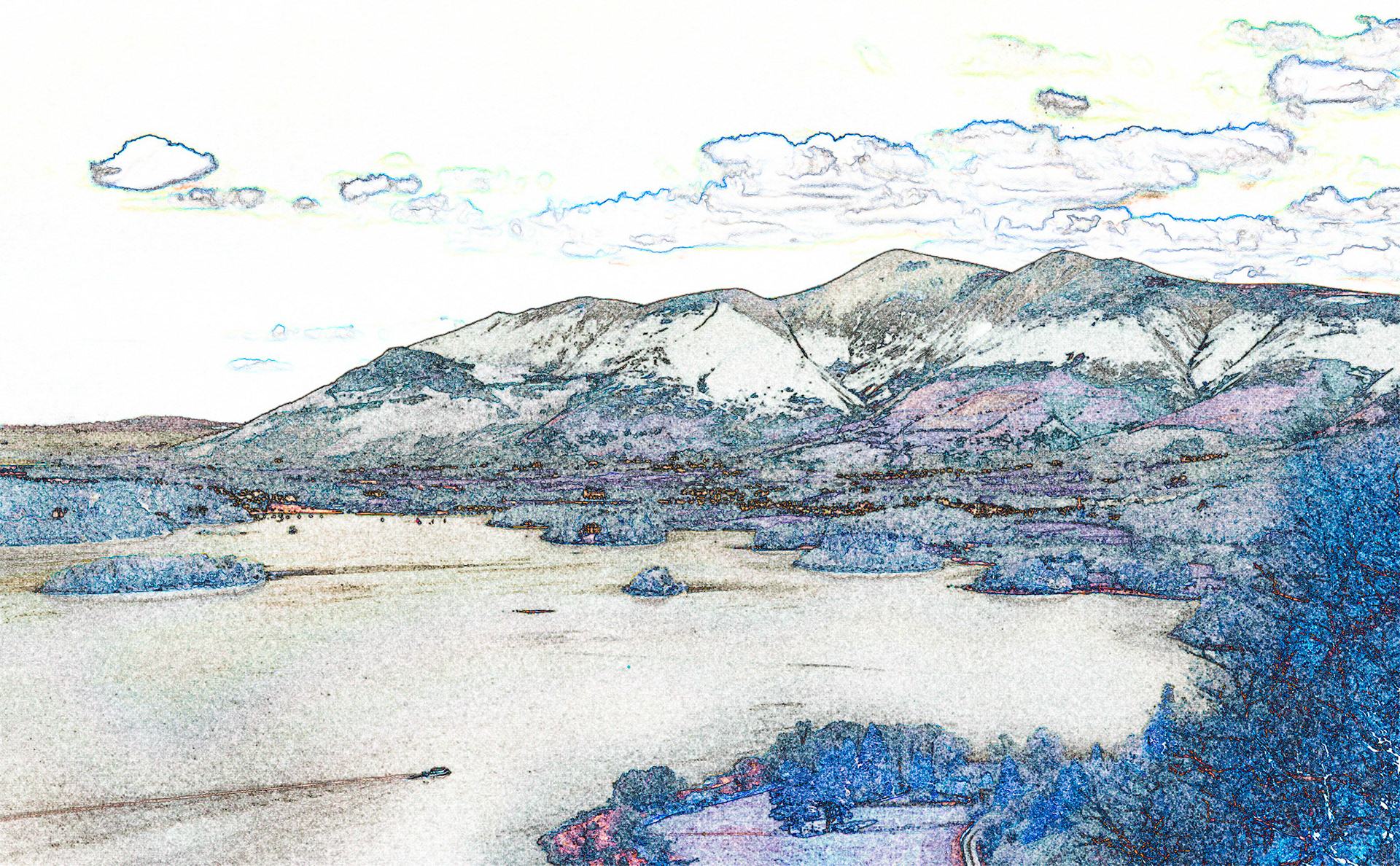 The mountain of Skiddaw rise majesticly behind the town of Keswick and the Derwentwater lake in the english Lake District national park. 