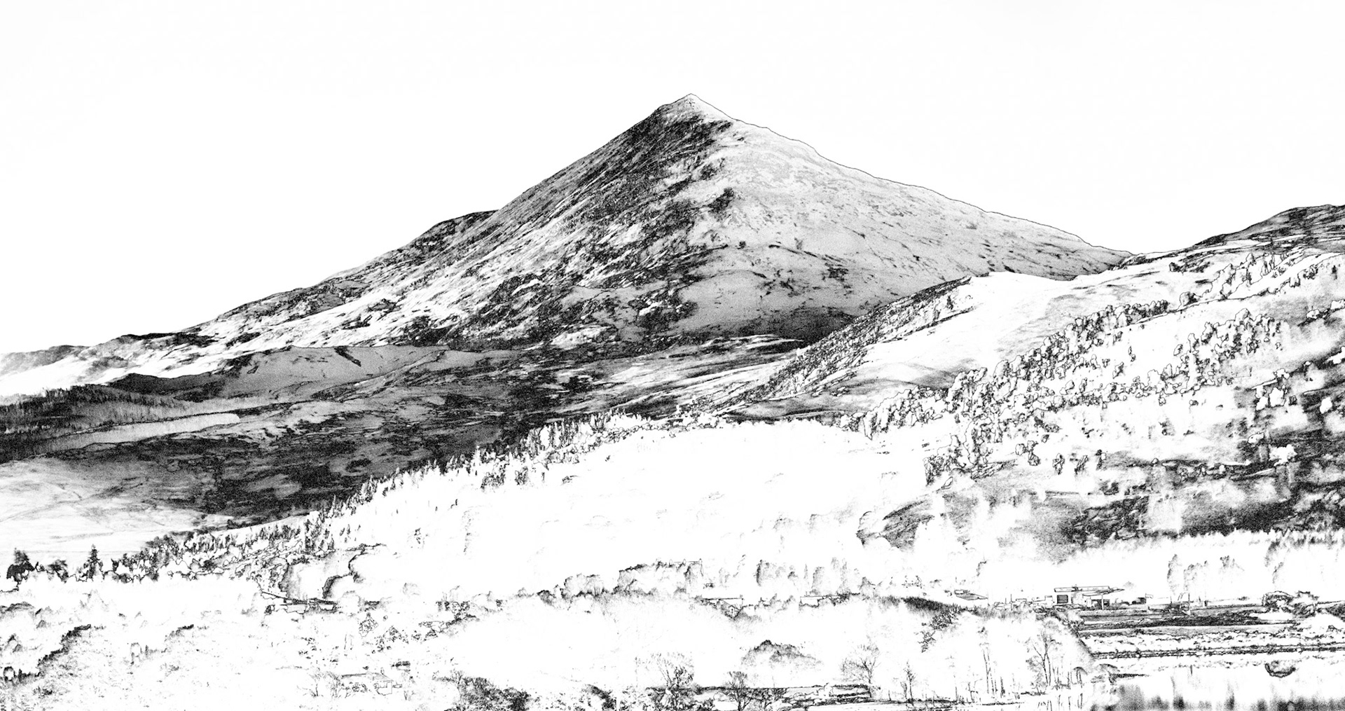 A black and white negative effect applied to this image of Schiehallion in Perthshire, Scotland. This beauriful mountain is a beacon in the Loch Rannoch area with its stereotypical shape and uncluttered background.
