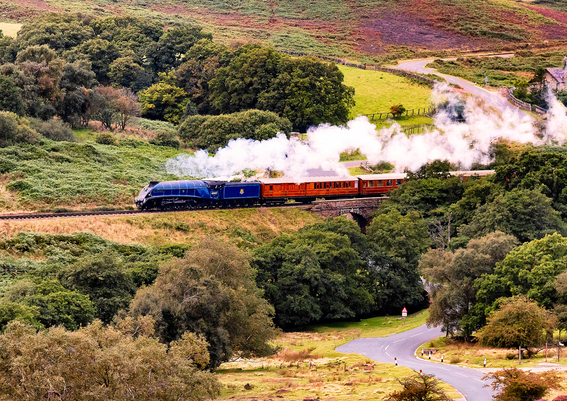 A4 Pacific 60007 Sir Nigel Gresley heads for Pickering just south of Goathland station on the North Yorkshire Moors Railway. 