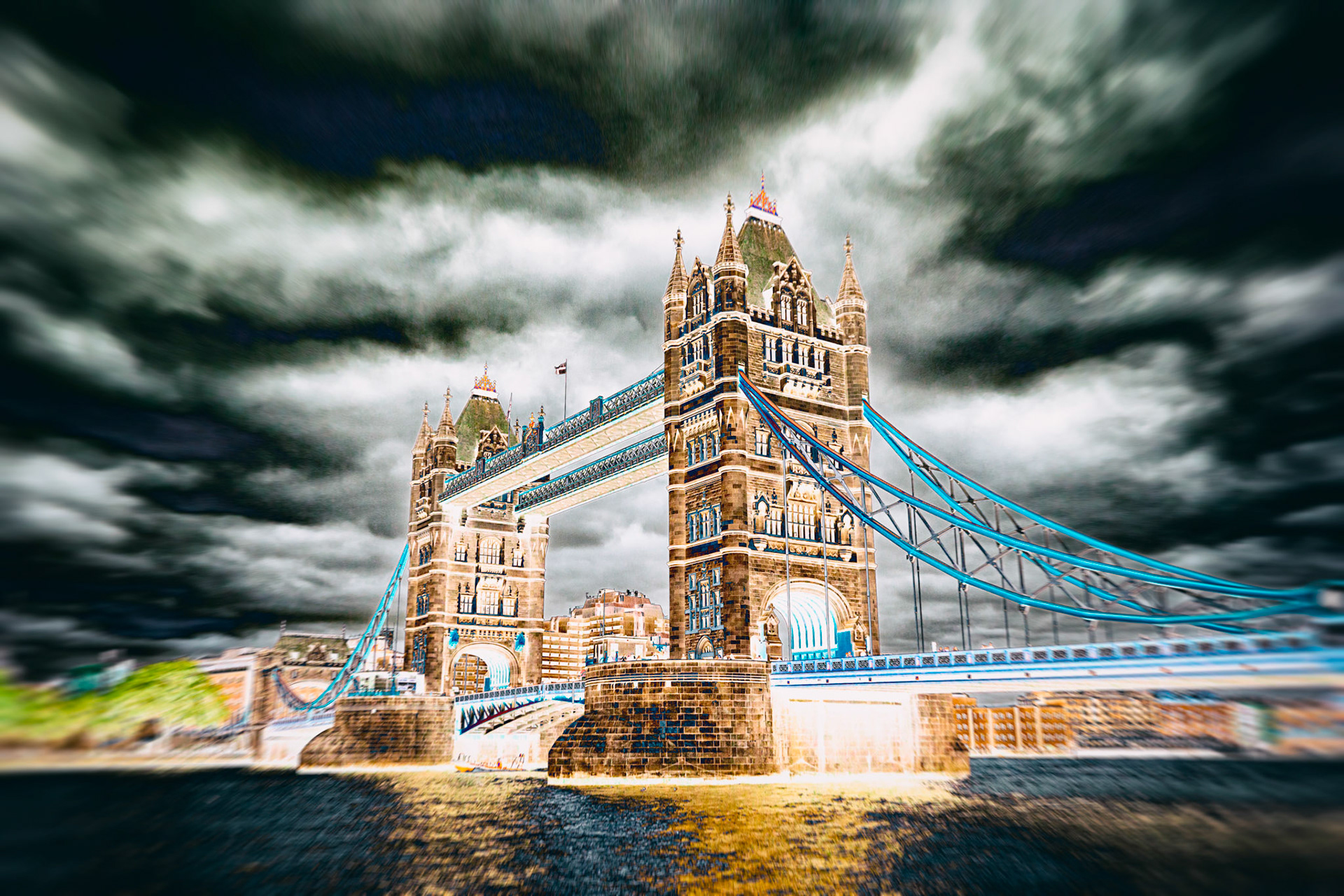 A colourised image of London's iconic 19th century-built Tower Bridge. The outer brick cladding was changed to harmonise with the nearby Tower of London by George D Stevenson who took over the project after the death of architect Sir Horace Jones. Construction began in 1886 and it was opened by the Prince of Wales, later King Edward VII, in 1894.