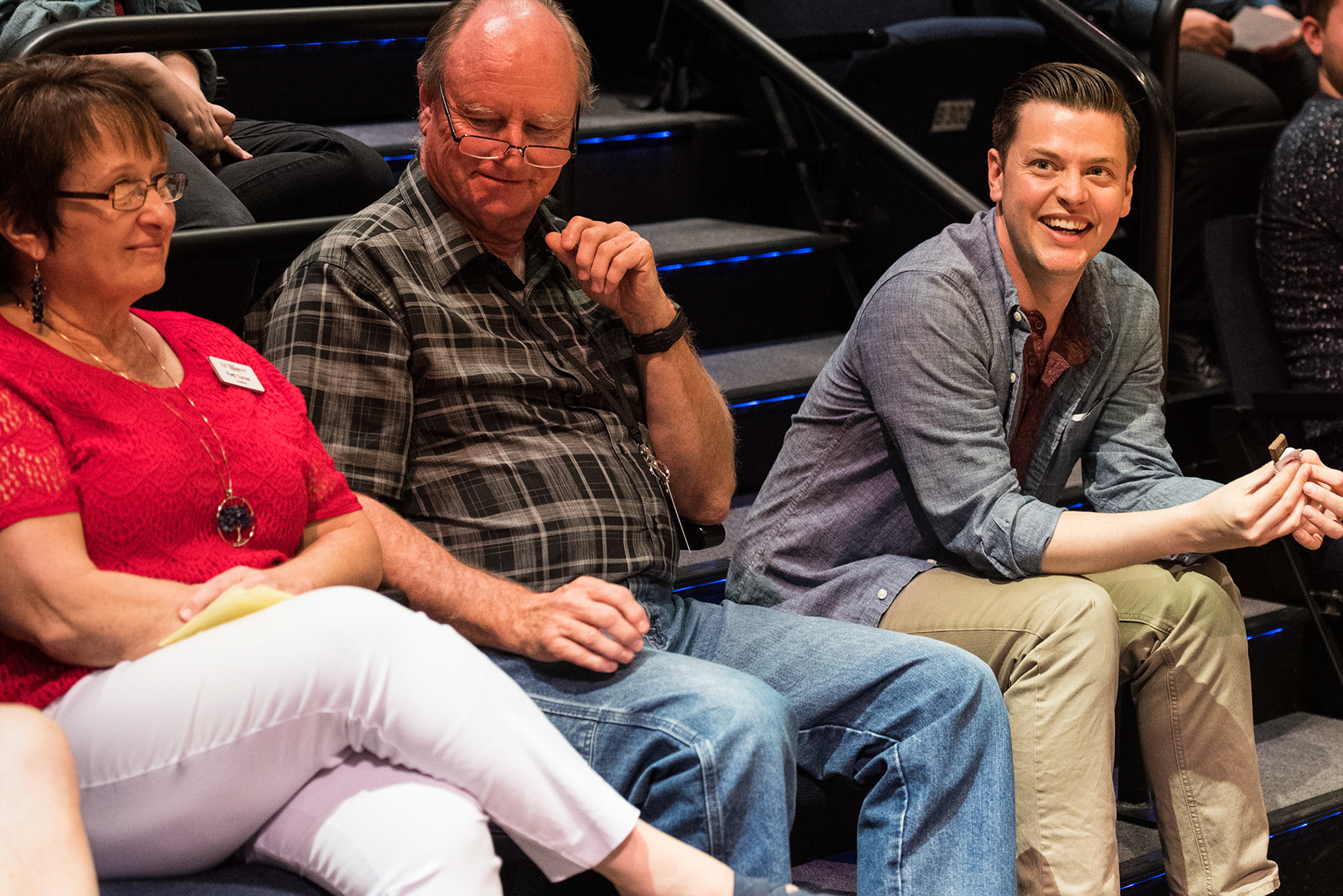 Michael Doherty (right) interacting with audience members in the Utah Shakespeare Festival’s 2019 production of Every Brilliant Thing. (Photo by Karl Hugh. Copyright Utah Shakespeare Festival 2019.)