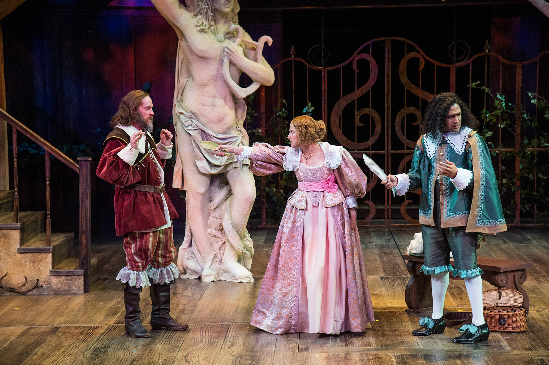 Todd Denning (left) as Sir Toby Belch, Betsy Mugavero as Olivia, and Tristan Turner as Sebastian in the Utah Shakespeare Festival’s 2019 production of Twelfth Night. (Photo by Karl Hugh. Copyright Utah Shakespeare Festival 2019.)