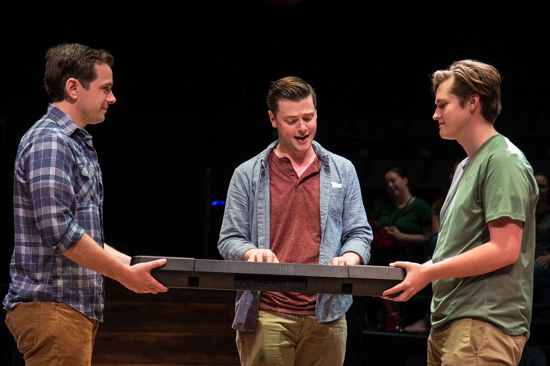 Michael Doherty (center) interacting with audience members in the Utah Shakespeare Festival’s 2019 production of Every Brilliant Thing. (Photo by Karl Hugh. Copyright Utah Shakespeare Festival 2019.)