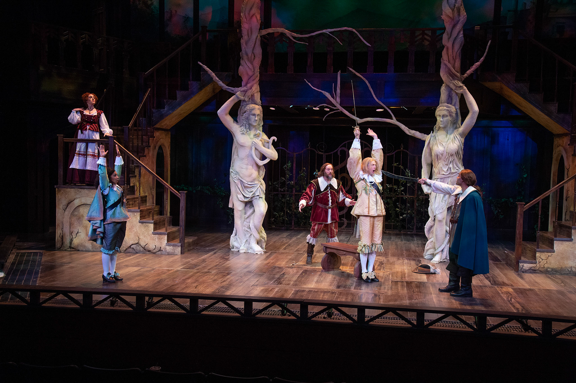 Katie Cunningham (left) as Maria, Sarah Hollis as Viola, Todd Denning as Sir Toby Belch, Josh Jeffers as Sir Andrew Anguecheek, and Jamil Zraikat as Antonio in the Utah Shakespeare Festival’s 2019 production of Twelfth Night. (Photo by Karl Hugh. Copyright Utah Shakespeare Festival 2019.)