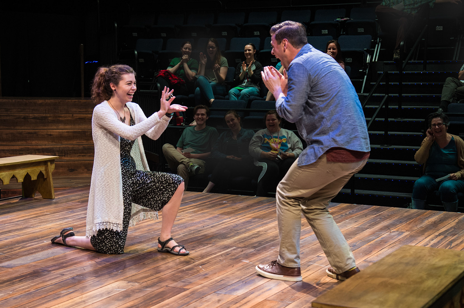 Michael Doherty (right) interacting with an audience member in the Utah Shakespeare Festival’s 2019 production of Every Brilliant Thing. (Photo by Karl Hugh. Copyright Utah Shakespeare Festival 2019.)