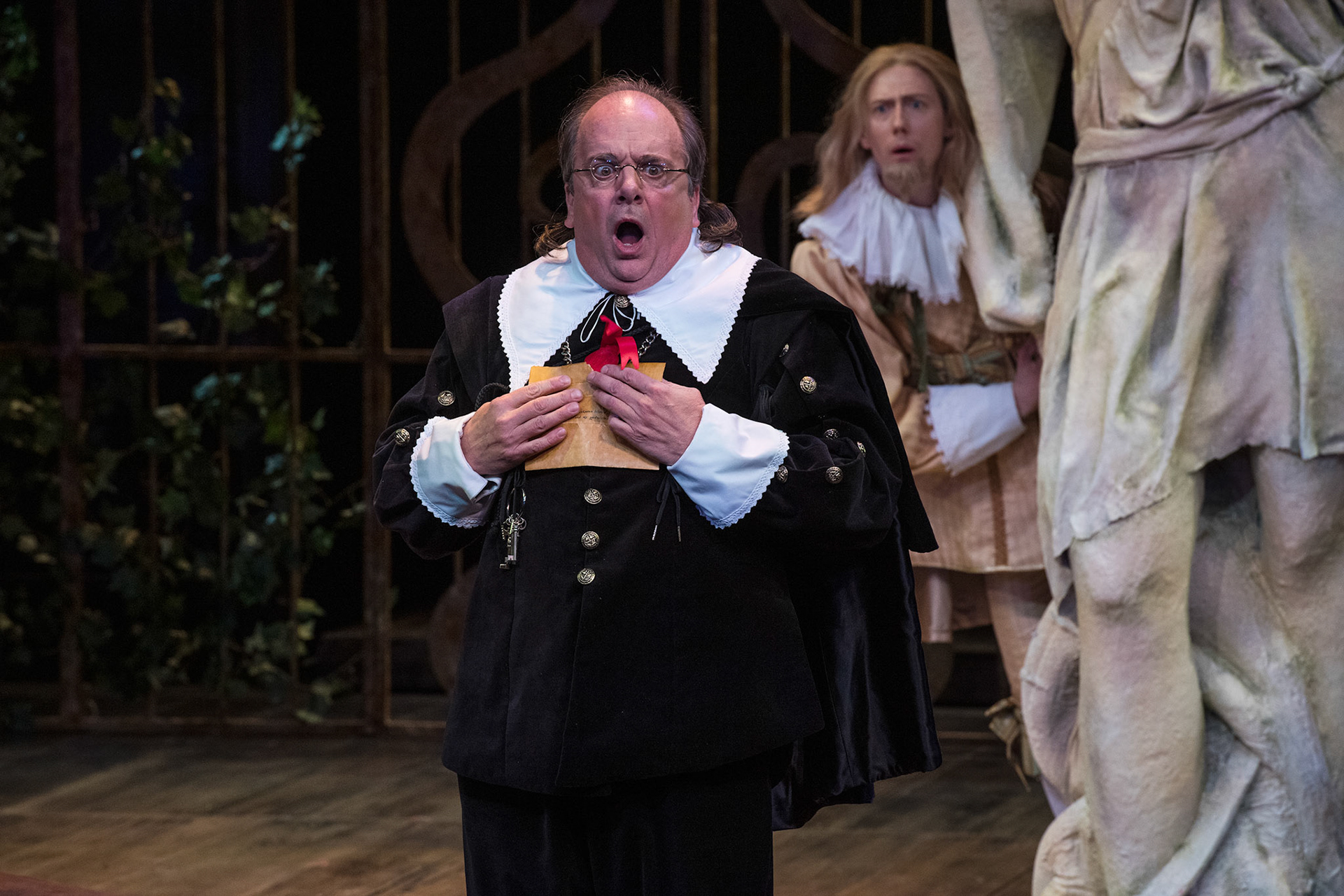 Chris Mixon (left) as Malvolio and Josh Jeffers as Sir Andrew Aguecheek in the Utah Shakespeare Festival’s 2019 production of Twelfth Night. (Photo by Karl Hugh. Copyright Utah Shakespeare Festival 2019.)