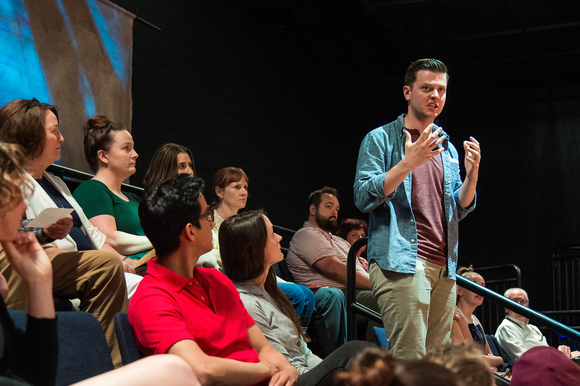 Michael Doherty interacting with audience members in the Utah Shakespeare Festival’s 2019 production of Every Brilliant Thing. (Photo by Karl Hugh. Copyright Utah Shakespeare Festival 2019.)