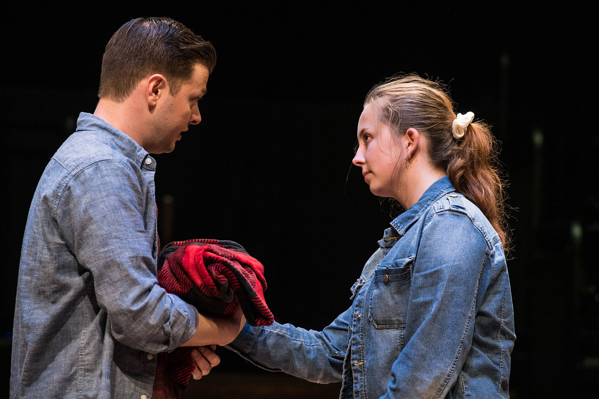 Michael Doherty (left) interacting with an audience member in the Utah Shakespeare Festival’s 2019 production of Every Brilliant Thing. (Photo by Karl Hugh. Copyright Utah Shakespeare Festival 2019.)