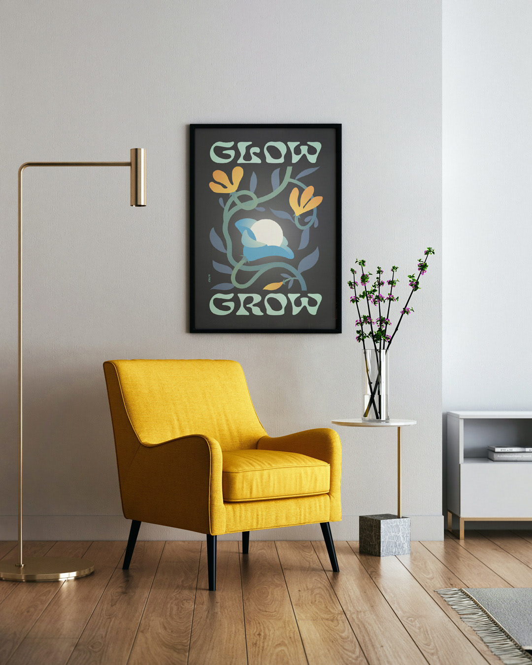 A bright yellow chair next to a framed Glow Grow poster with a glowing orb surrounded by blue and yellow flowers by kotkit