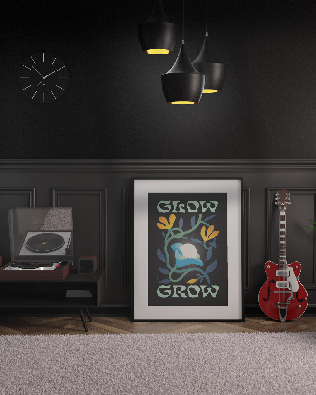 A room with a guitar, a Glow Grow poster by kotkit on the wall, and a lamp providing warm light.