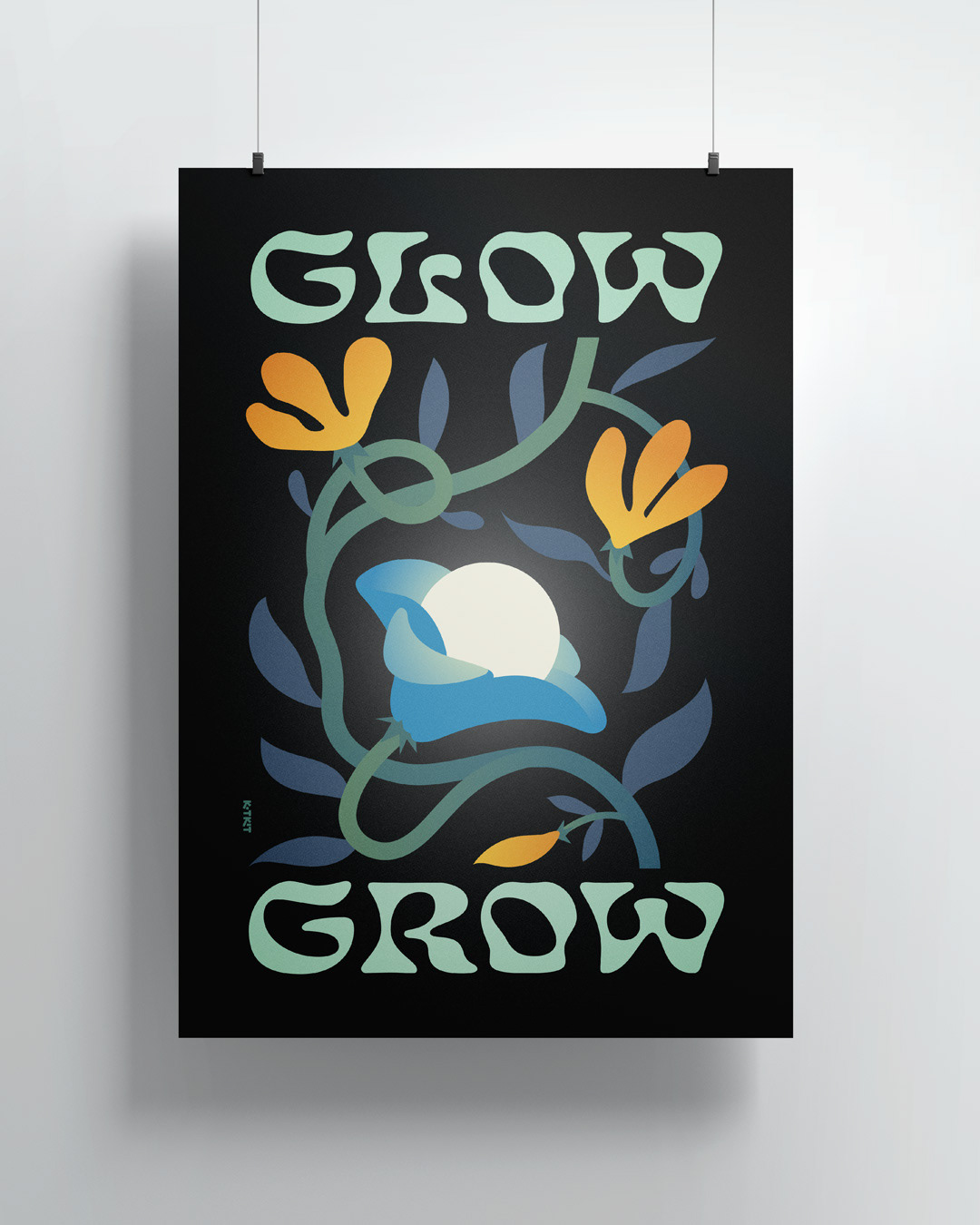 Glow Grow art poster by kotkit, featuring a glowing orb amid blue and yellow stylized flowers and green vines on a black background.