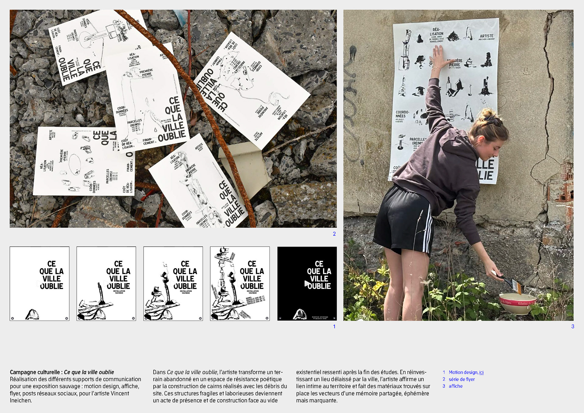 planche grahique composée de supports de communication élaborés pour un artiste local de Reims, Vincent Ineichen.  Papillon A6 imprimés en Risographie (RISO) noire, motion design (animation 2D), affiche A0 encollée à la main. L'identité graphique se déploie. #riso #printmatter #graphicdesigner #graphicdesign #Reims