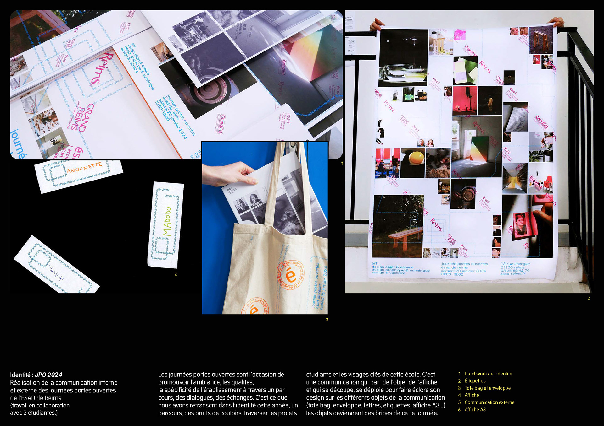 Les journées portes ouvertes de l'Ésad de Reims, série de support de communication créée par la graphiste marjorie catez et en collaboration avec deux étudiantes de l'Ésad de Reims, affiche, tote bag, étiquettes, déclinaisons graphiques, sérigraphie, support postaux, affiche culturelle, affiche conceptuelle, identité d'uné école d'art