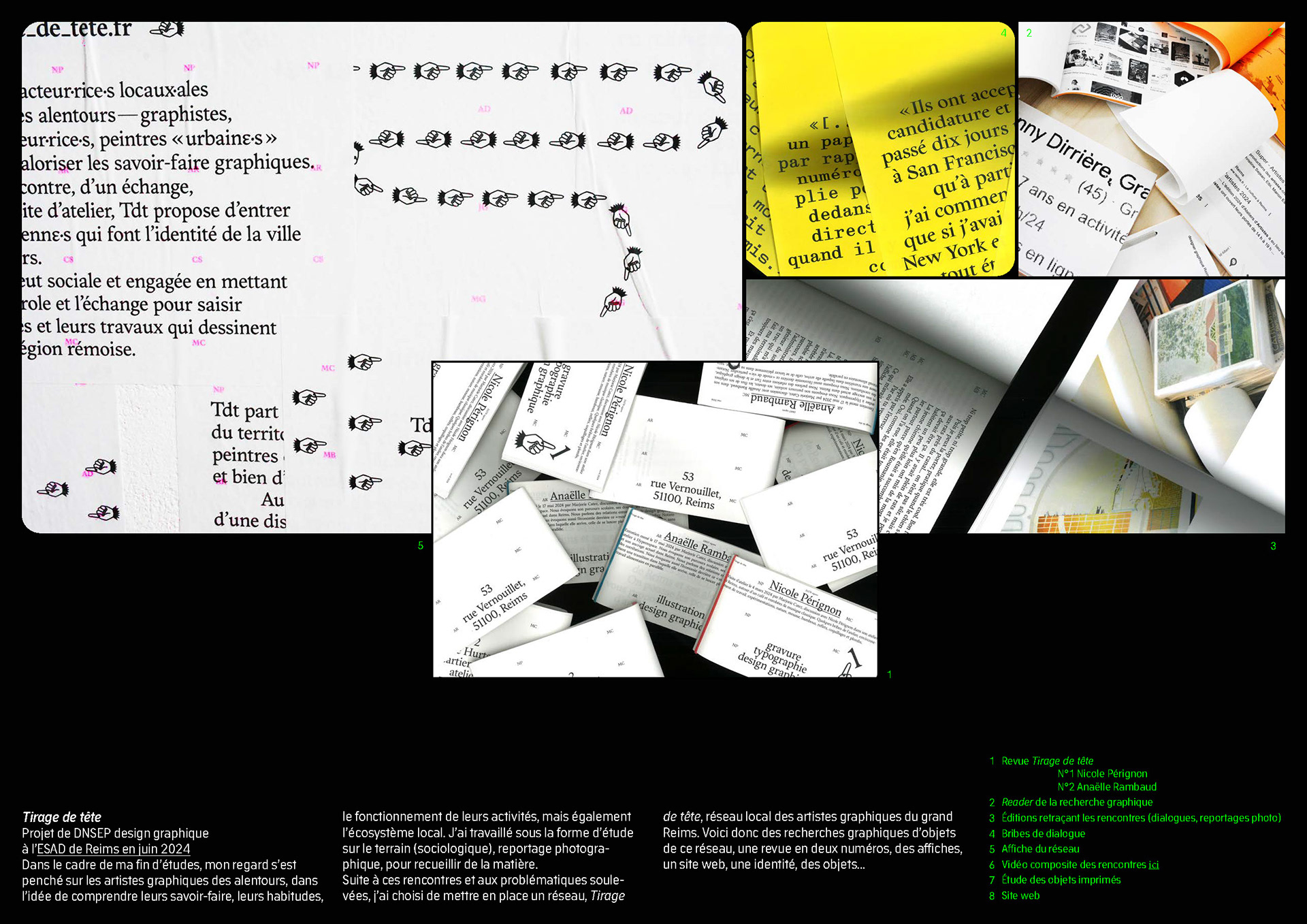 Marjorie Catez, diplômée du master Design graphique & numérique 2024 @encrefraiche   Projet de diplôme Tirage de tête  « Ce projet prolonge mon travail théorique sur la réappropriation des objets graphiques imprimés. Il offre une découverte des artistes locaux·les, inclusivement appelés ici « artistes graphiques ».  En dressant un état des lieux des pratiques actuelles, je cherche à comprendre ce que signifie être artiste graphique sur le territoire de Reims. Flirtant avec des recherches sociologiques, cette réflexion est également personnelle et liée à mon désir de travailler localement.  De mes rencontres et recherches sont nés des constats et des besoins auxquels j’essaie de répondre. Comment offrir une visibilité et promouvoir horizontalement les pratiques de chacun·e ? Comment présenter aux commanditaires et curieux·ses un panorama des savoir-faire graphiques et des personnalités qui les portent ?  La création du réseau Tirage de tête matérialise un bouche-à-oreille, établissant des connexions entre les artistes et leurs pratiques. À travers une revue à petite échelle, j’imprime, coupe, plie et assemble les deux premiers numéros, dévoilant le réseau et ses membres par des discussions et des photos d’ateliers. Un site web embryonnaire explore les possibilités, le projet tâtonne quant à son expansion, ses formats et ses médiums voués à grandir, évoluer. »  @villedereims @grandreims @laregiongrandest @culture_gouv @universitereims @andea_ecolesart @reimscampus @suac_culture_reims @reims_legend_r  #diplomé #esad #design #art #projet