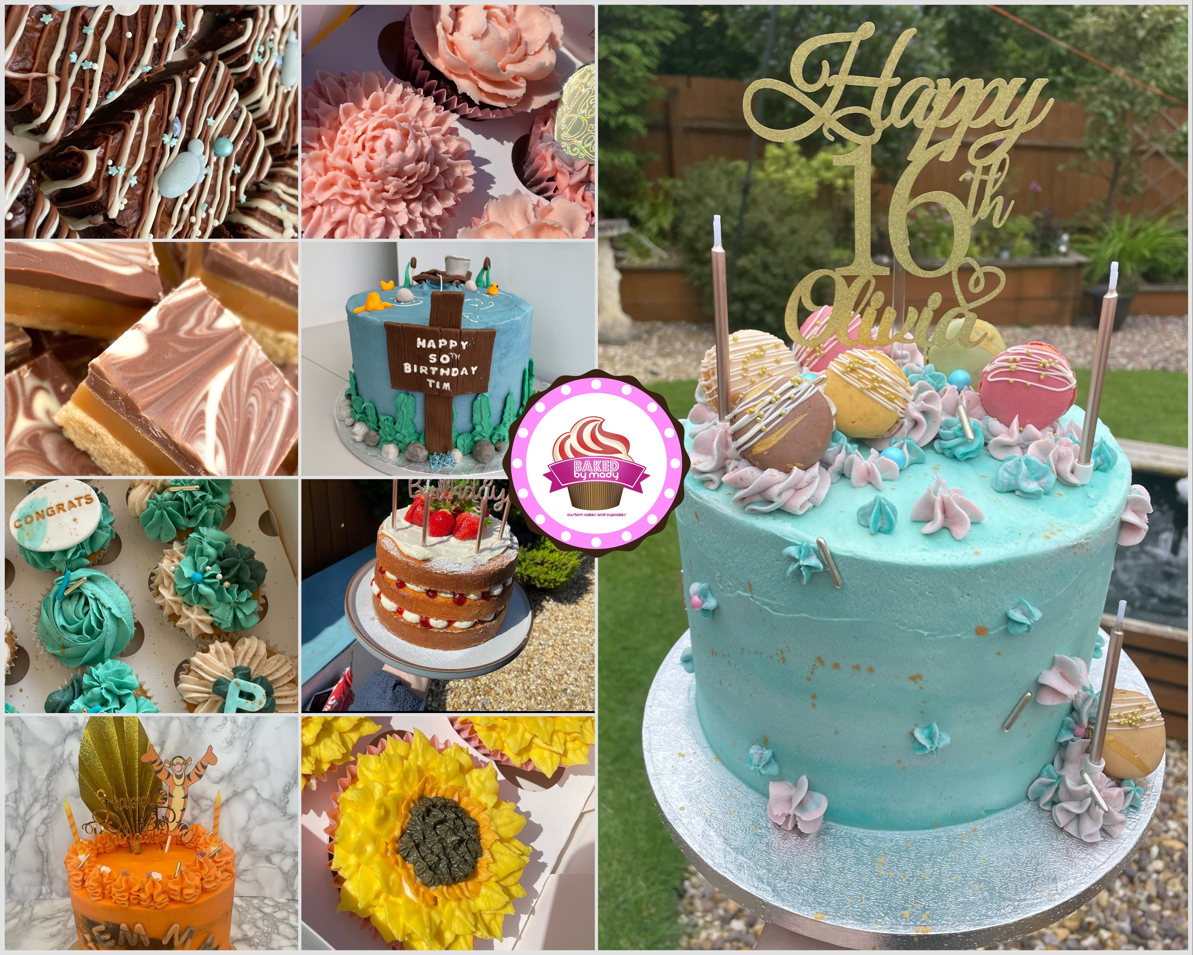 Cakes, local baker, Hednesford, collage showing a range of cakes, cookies and celebration cakes