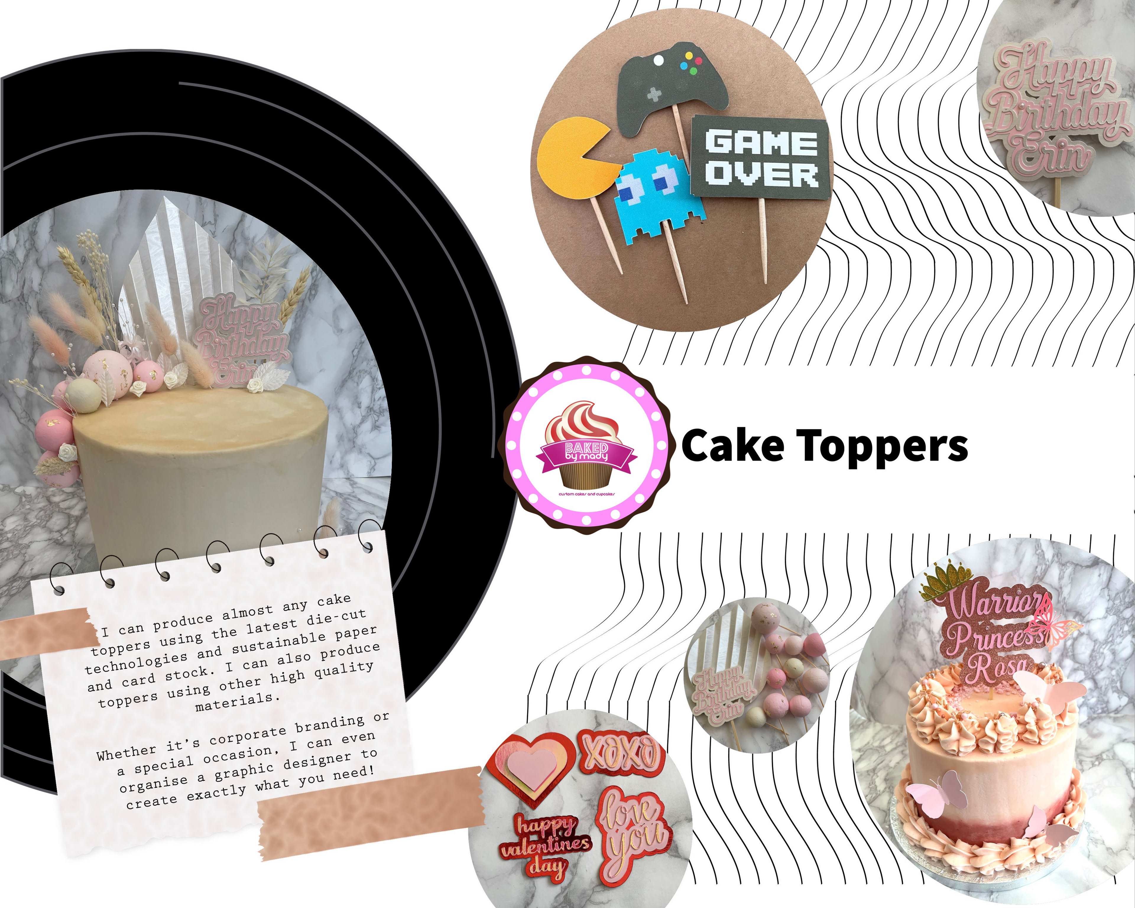 Cake toppers, various designs, made using die cut technology