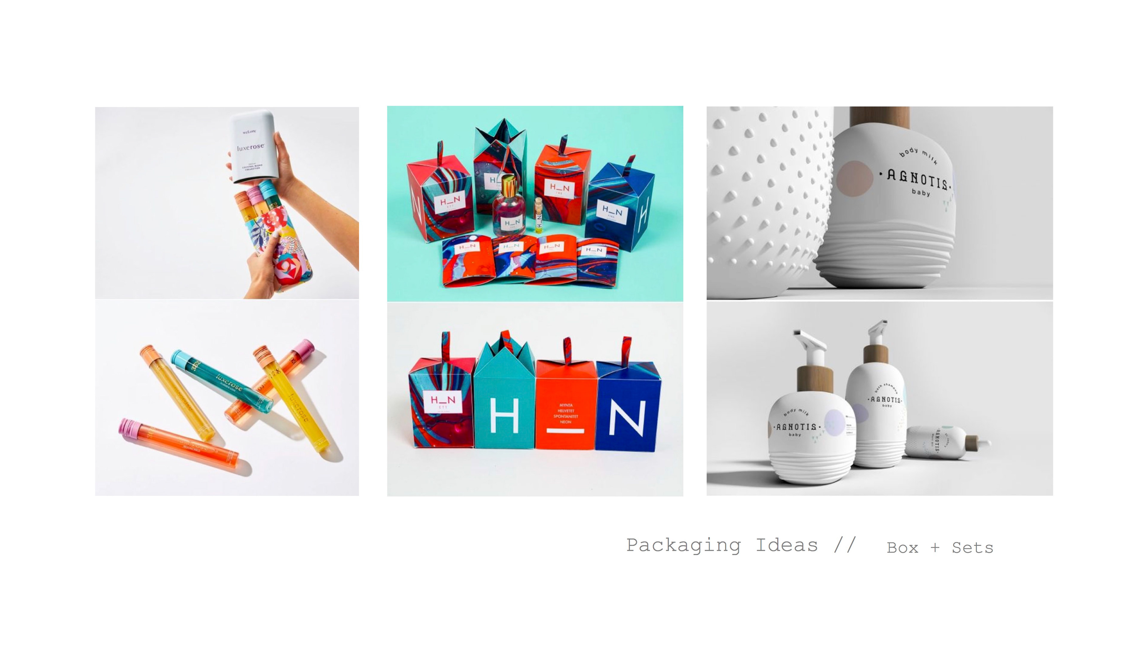 Packaging inspiration board. Looking at sets or systems of a line.