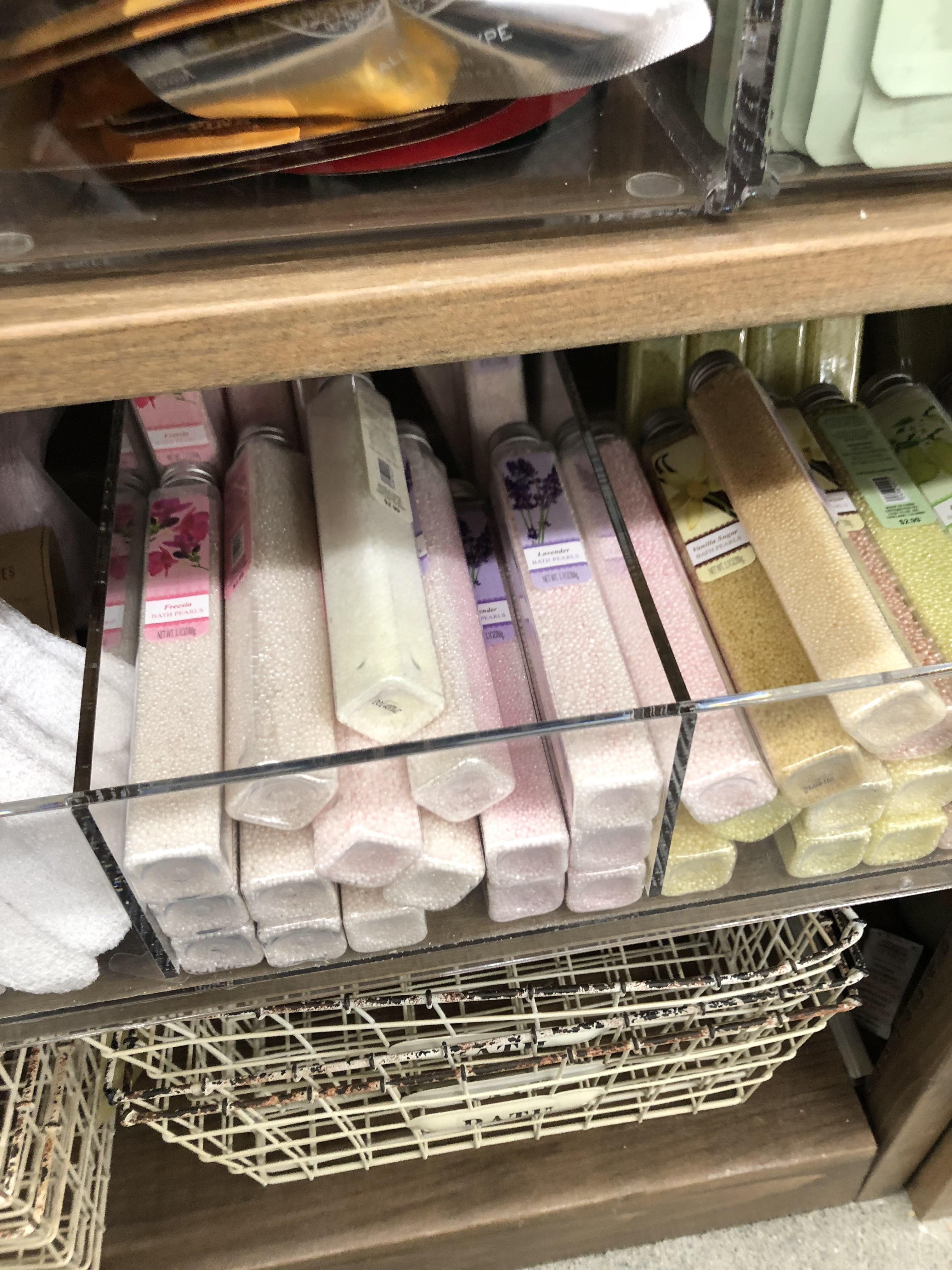 Long form store display on shelf.