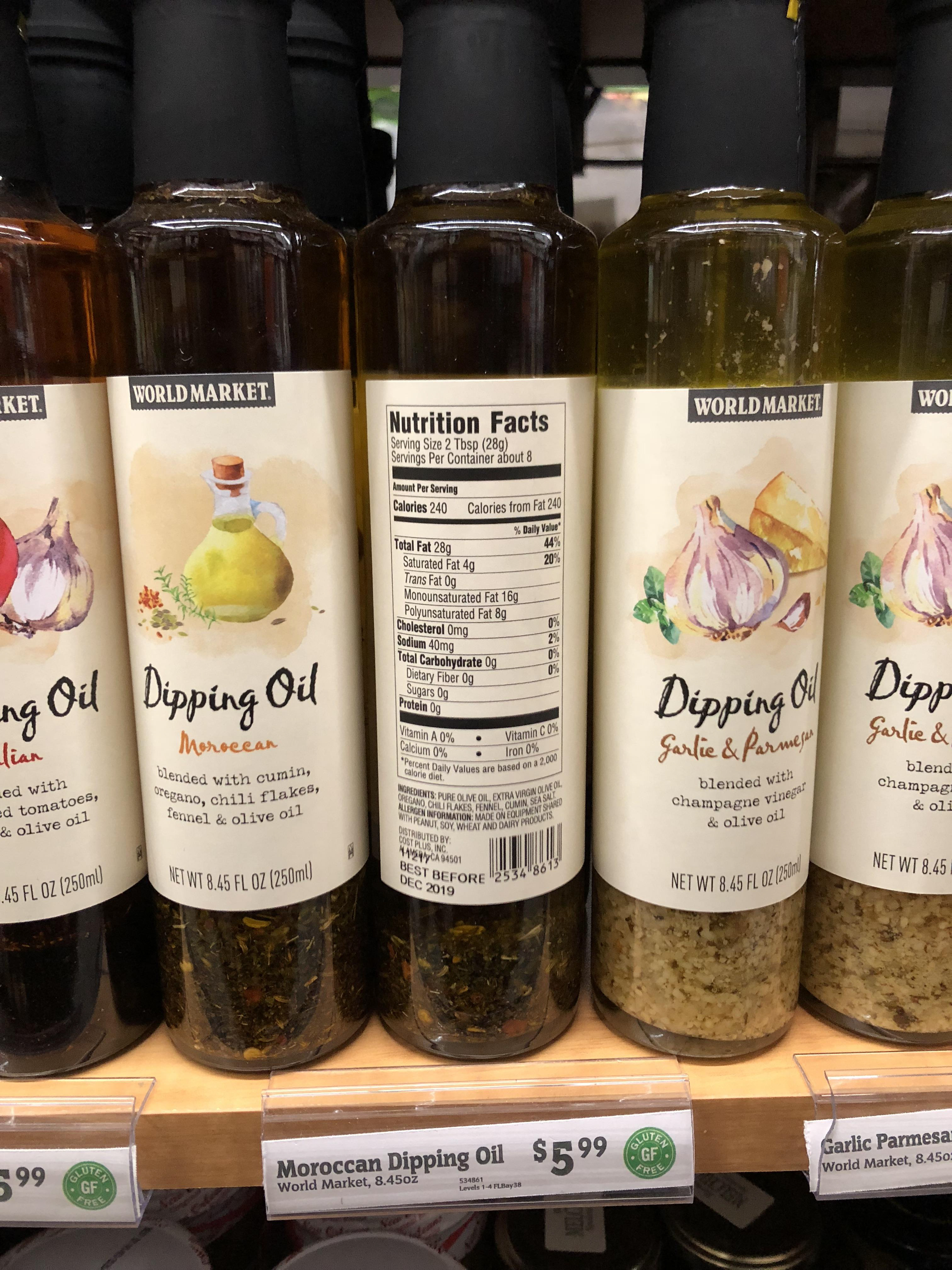 Modern form with many flavors. Looking at a line of oils and how they function together on the shelf. Paying attention to net weight, common flavors and nutrition facts.
