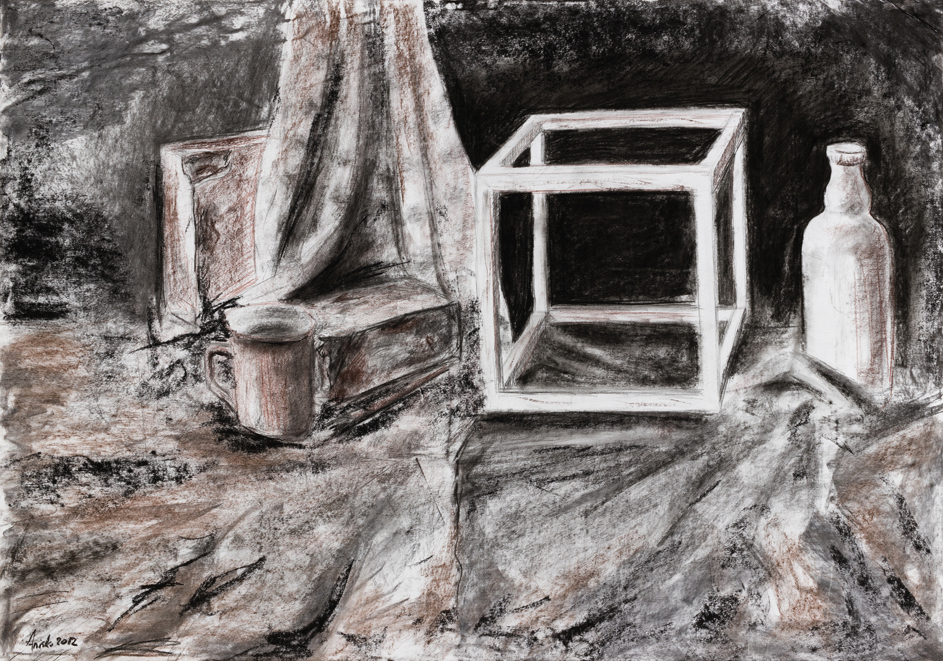 Still Life With a Cube - 2012 - charcoal and sepia on paper