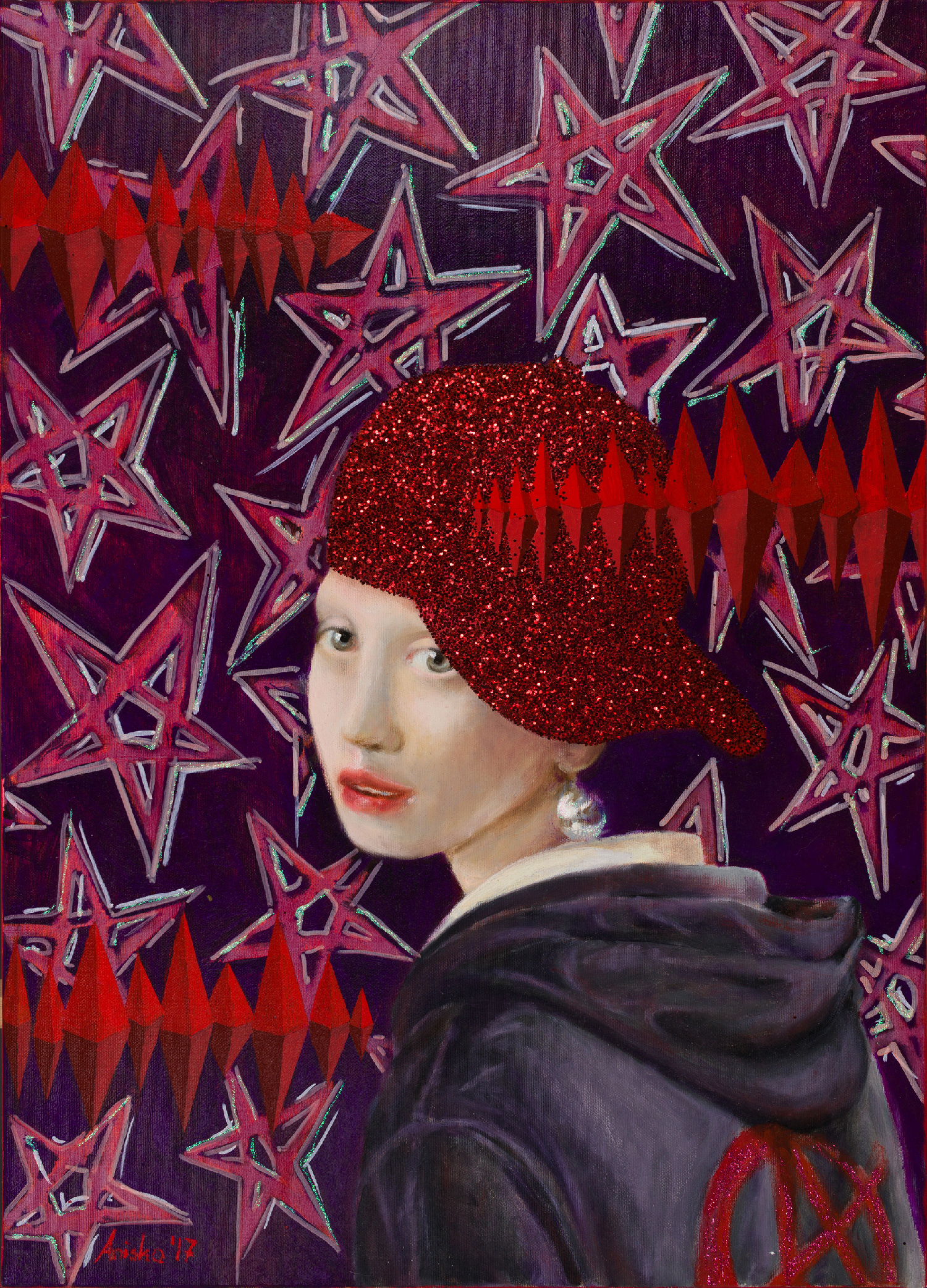 Girl with a Pearl Earring and Glitter Cap - 2017 - oil and plastic on canvas