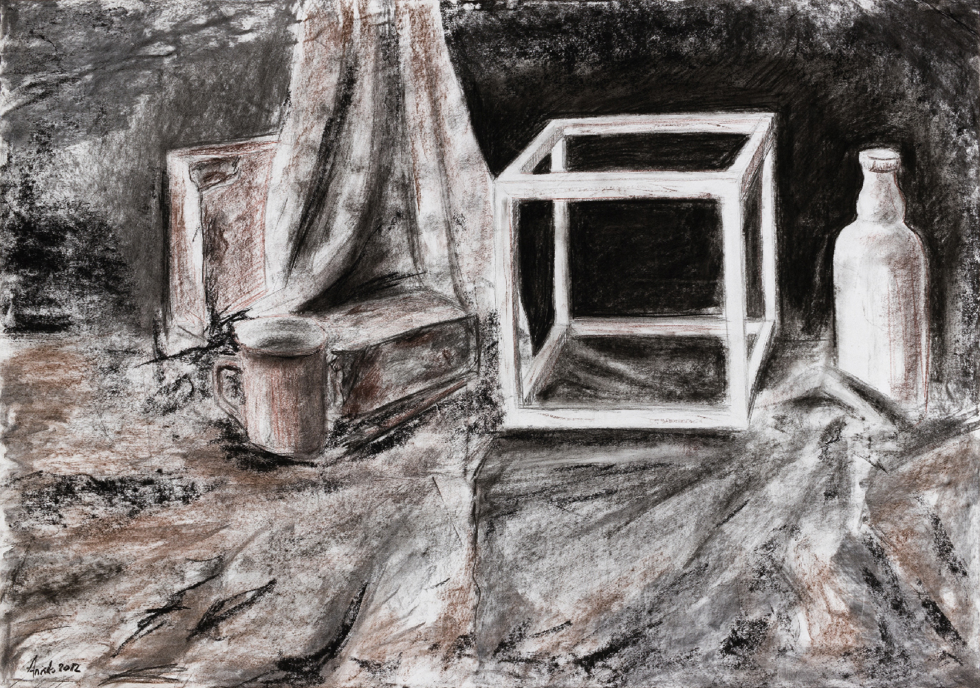 Still Life With a Cube - charcoal and sepia on paper