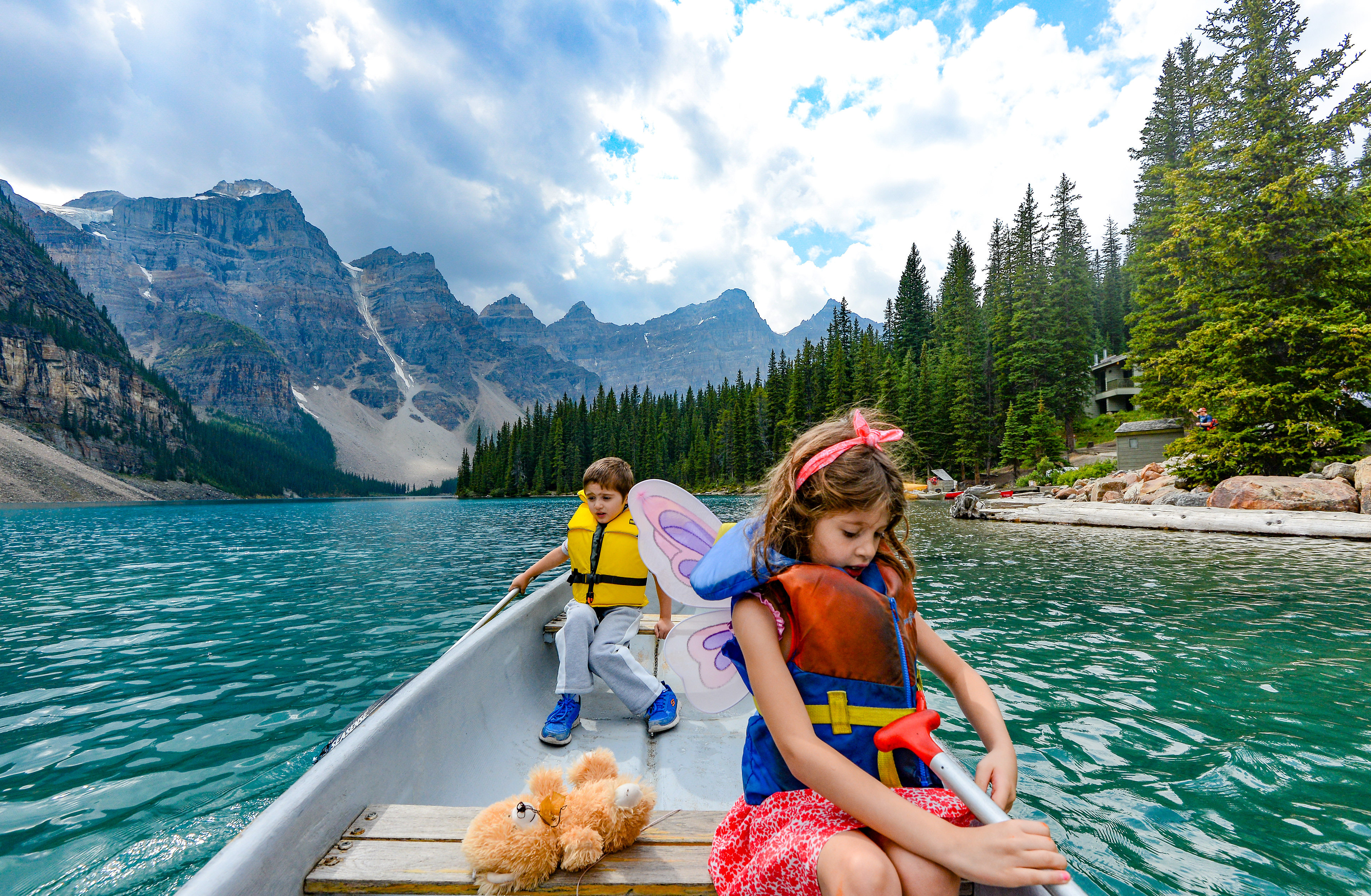 Moraine Lake is a glacially fed lake in Banff National Park, Alberta Canada, with surface elevation of 1,884 m and surface area of 120 acres. Around the lake there are several gorgeous walking/hiking trails that "Must Try".