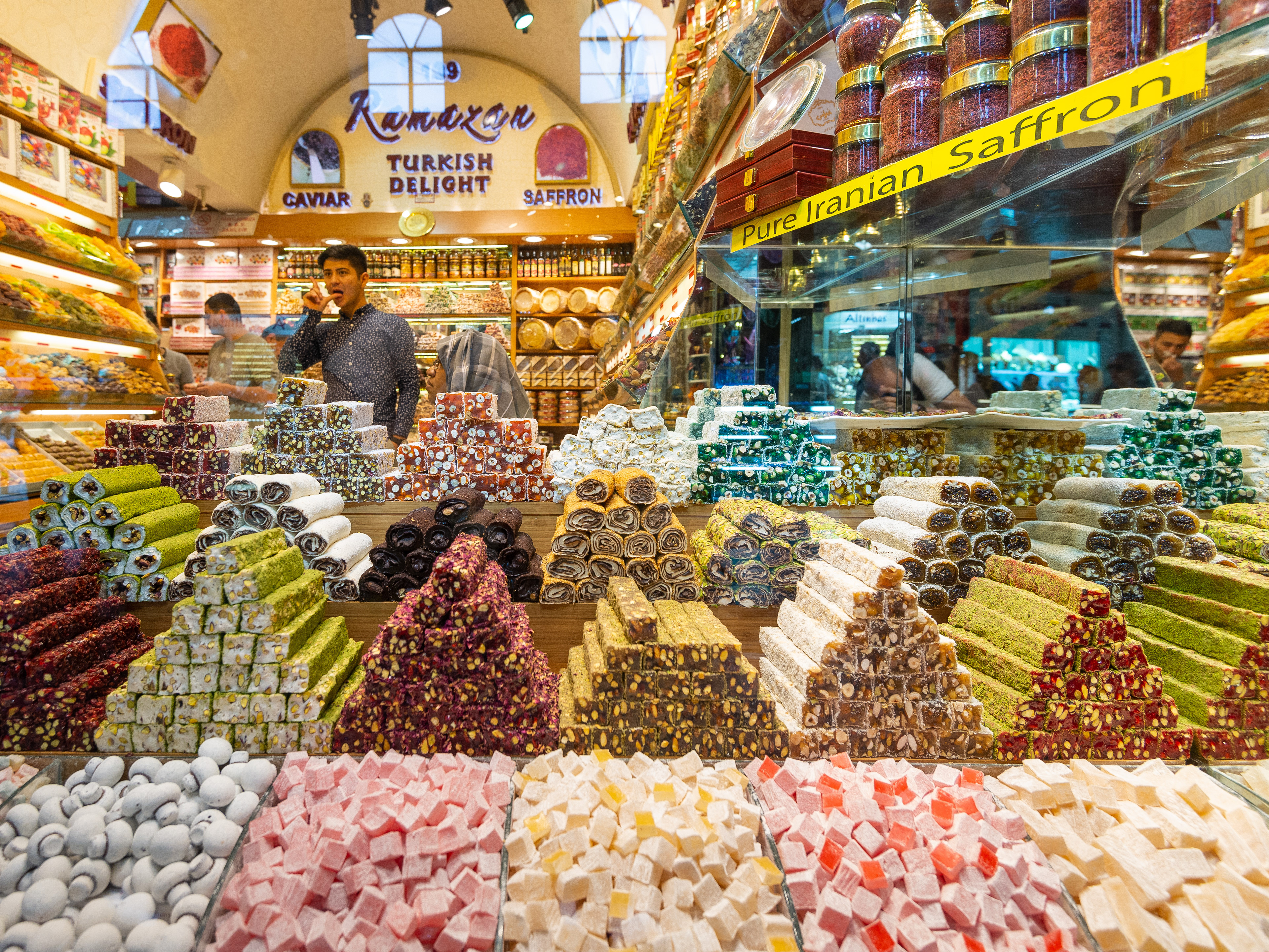 Premium varieties of Turkish delight or "lokum, the Turkish word", the candy that have been produced in Turkey as early as the late 18th century. This candy & spices store located in the Grand Bazaar / Istanbul, one of the largest and oldest covered markets in the world, with over 4,000 shops.
