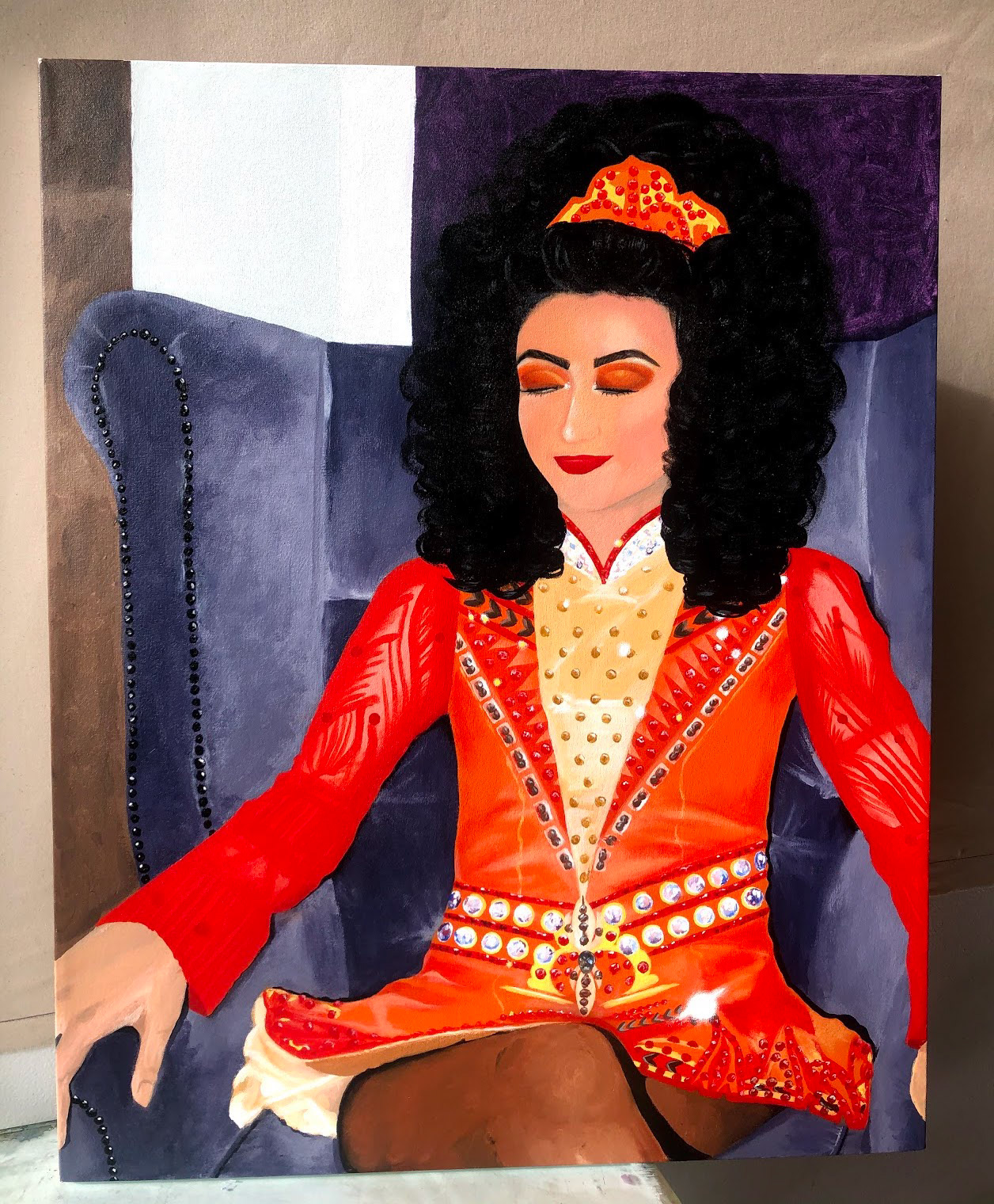 Purple Chair, self-portrait. Acrylic on handmade canvas. (November 2019)