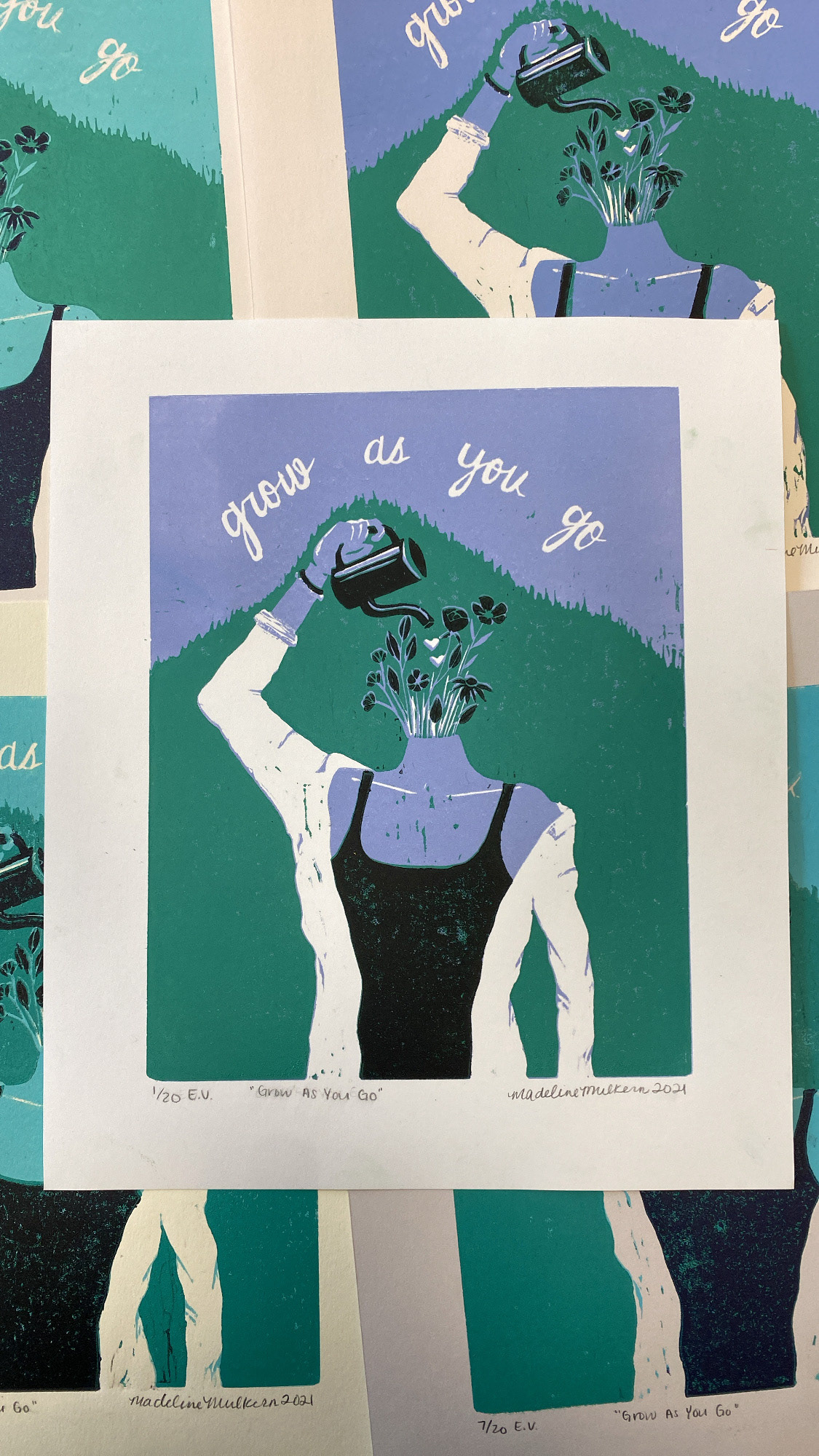 Grow As You Go. 3-color Reductive linocut. Variable edition of 20. (December 2021)