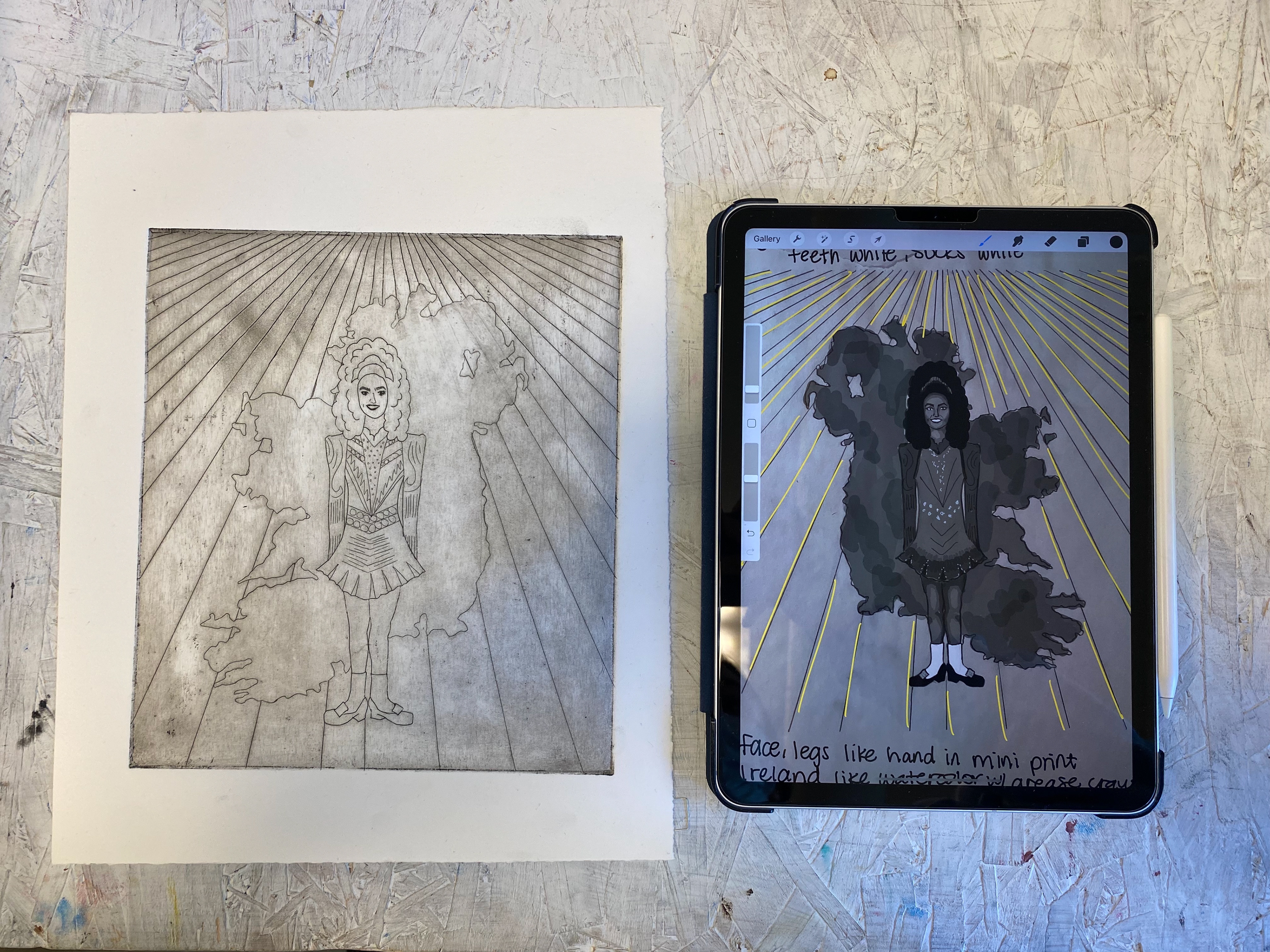 Process for The Motherland. Drypoint test print and sketch.