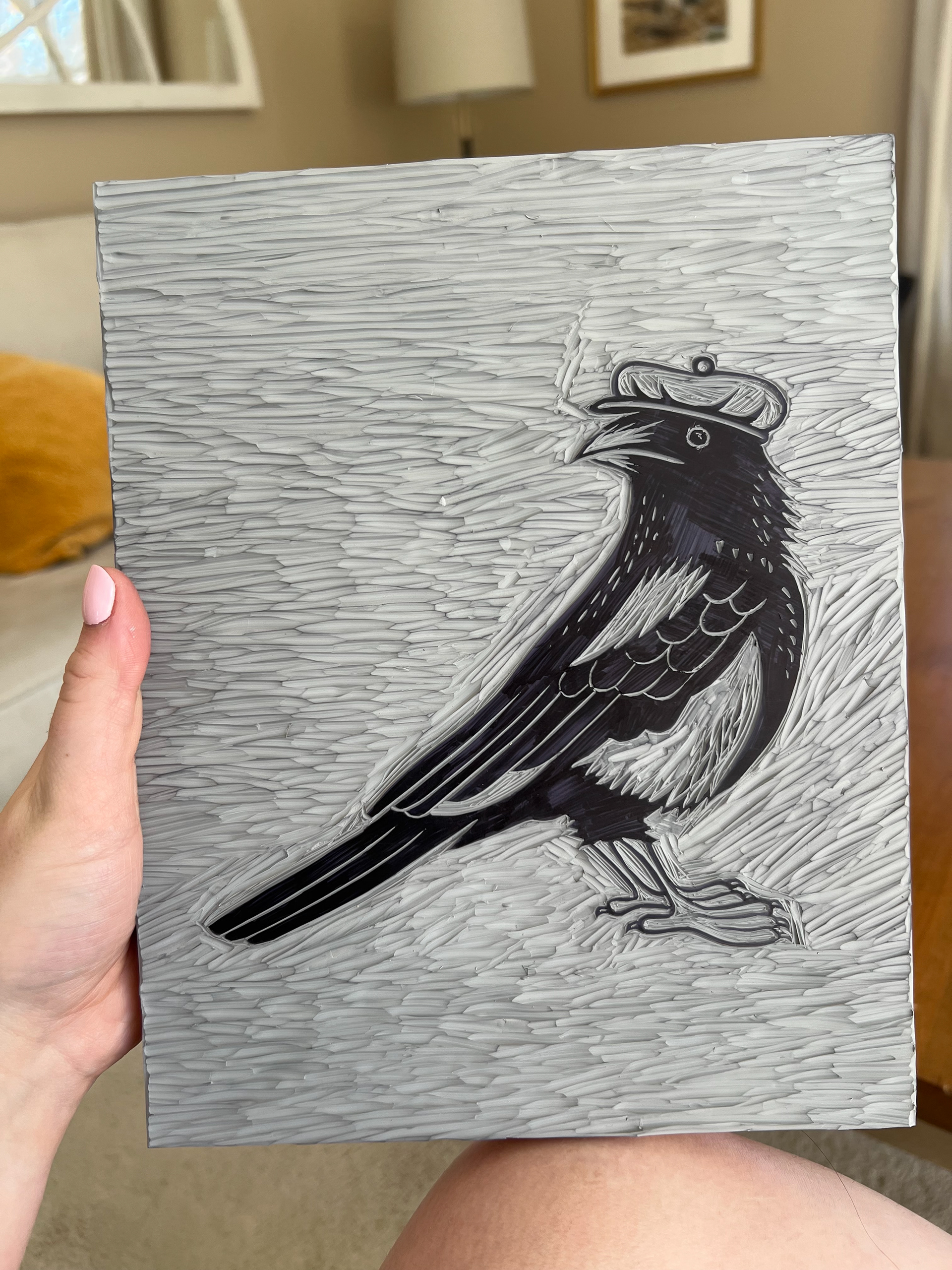 Linocut block for Aussie Magpie. (January 2025)