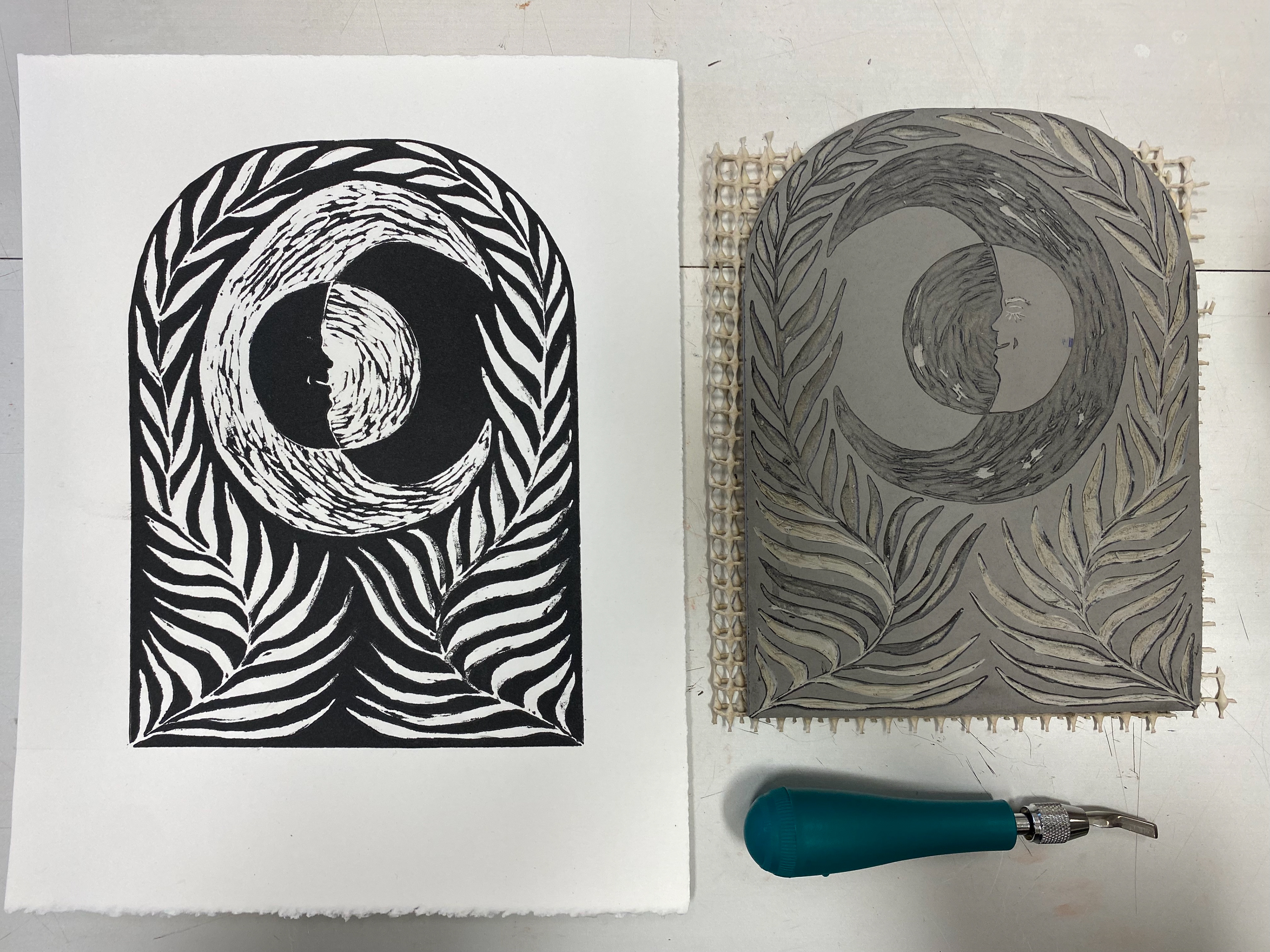 Test print and carved linoleum block for Moon Moon Moon.