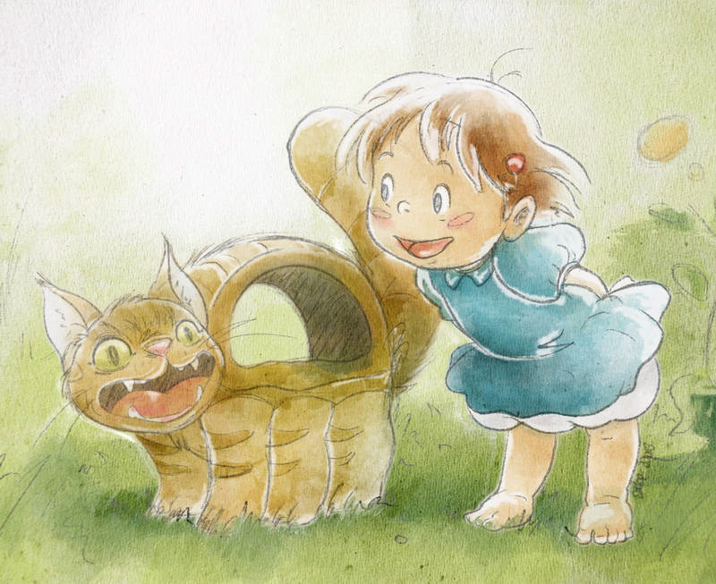 My daughter and my cat (The Kittenbus and general watercolor style by way of Studio Ghibli)