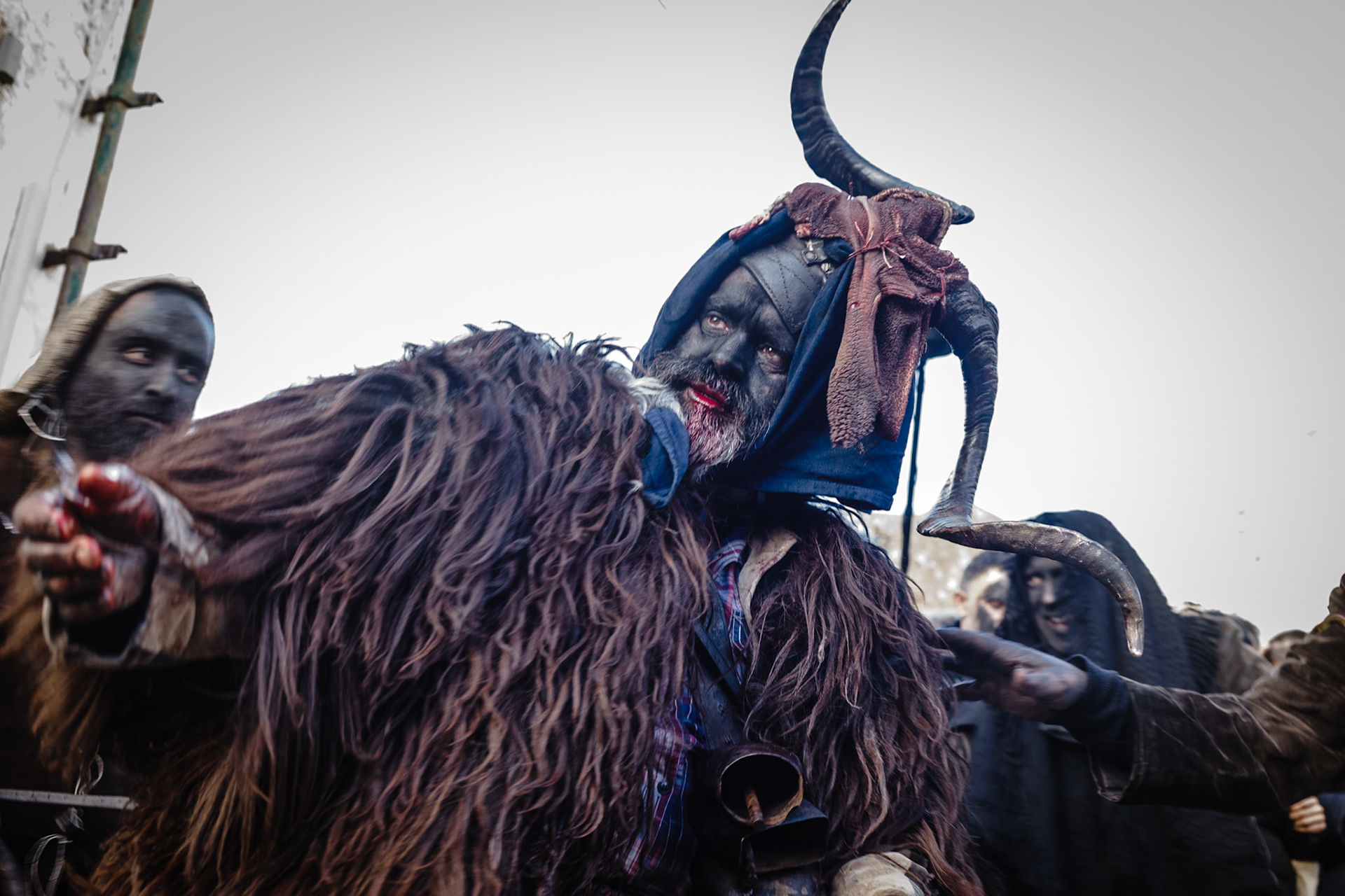 Lula (Nu) - febbraio 2018.Su Battileddu viene spinto e trascinato nel paese dai Battileddos Massajos, i custodi del bestiame, vestiti da contadini, in questo caso "custodi della vittima". Hanno il viso imbrattato di fuliggine e portano pungoli e "socas", funi di cuoio con le quali legano la vittima per percuoterla ripetutamente, strattonarla, trascinarla.Lula (Nu) - February 2018.Su Battileddu is pushed and dragged into the village by the Battileddos Massajos, the keepers of the cattle, dressed as peasants, in this case "custodians of the victim". They have their faces smeared with soot and carry prods and "socas", leather ropes with which they tie the victim to repeatedly beat her, pull her, drag her.