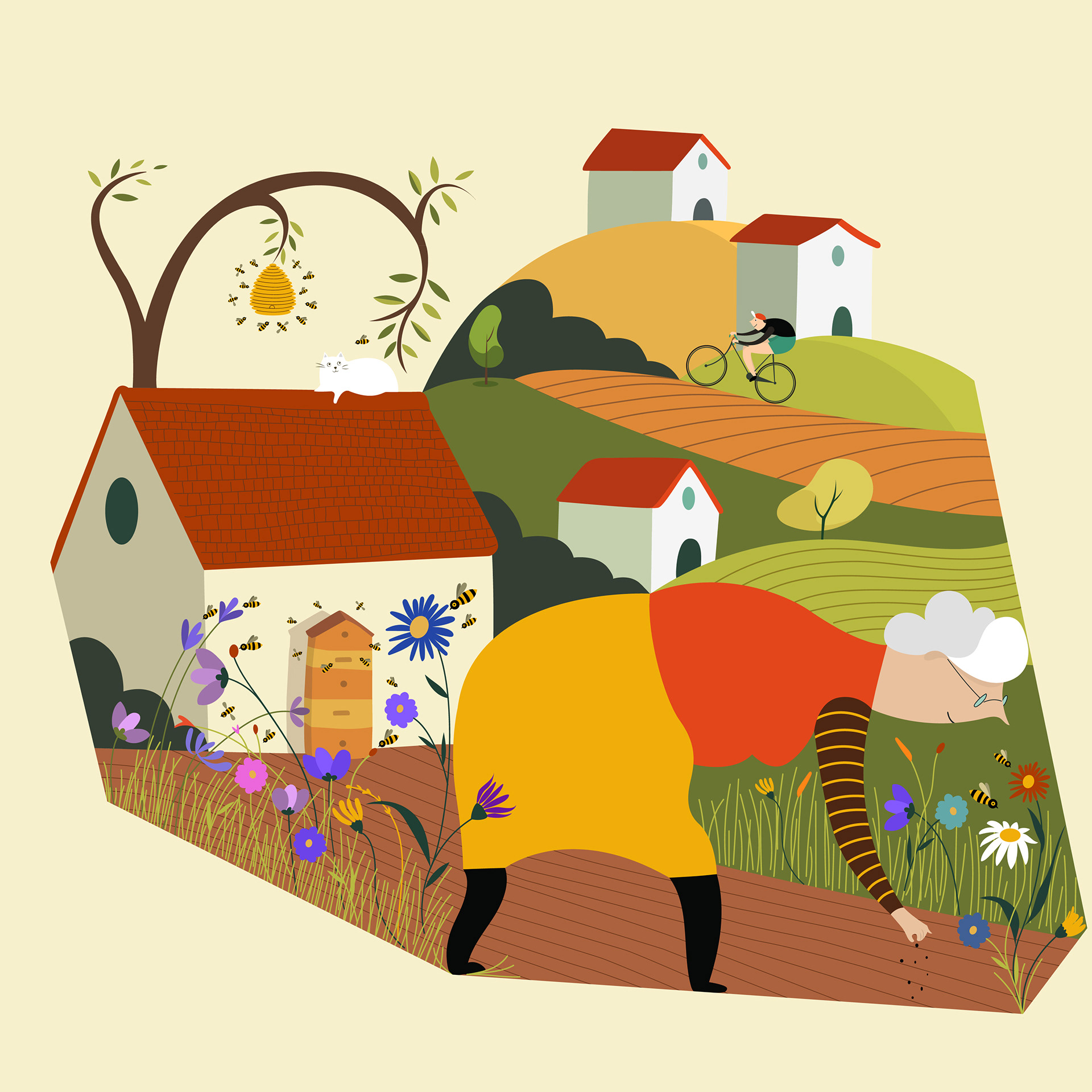 "L'allegra città delle api". Long listed work in the Boit International illustration competition 2023. Honored to see my illustration among the 155 selected artworks from over 1180 entries submitted. The shape represents the outline of the city of Bologna (Italy) which recalls the cell of a beehive. Italy, 2023.