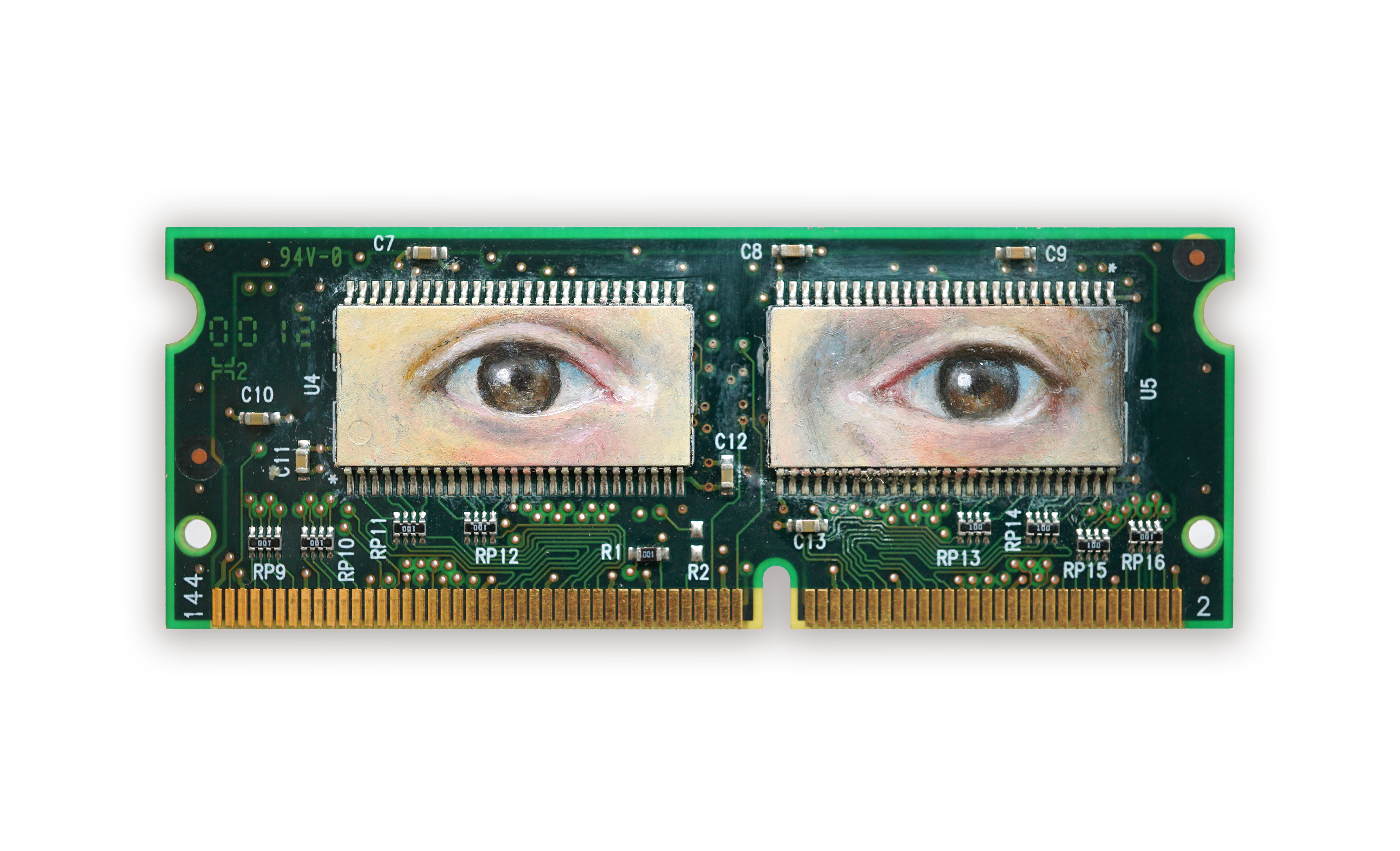 Looking my digital self in the eyes, Oil paint on RAM card, 2020