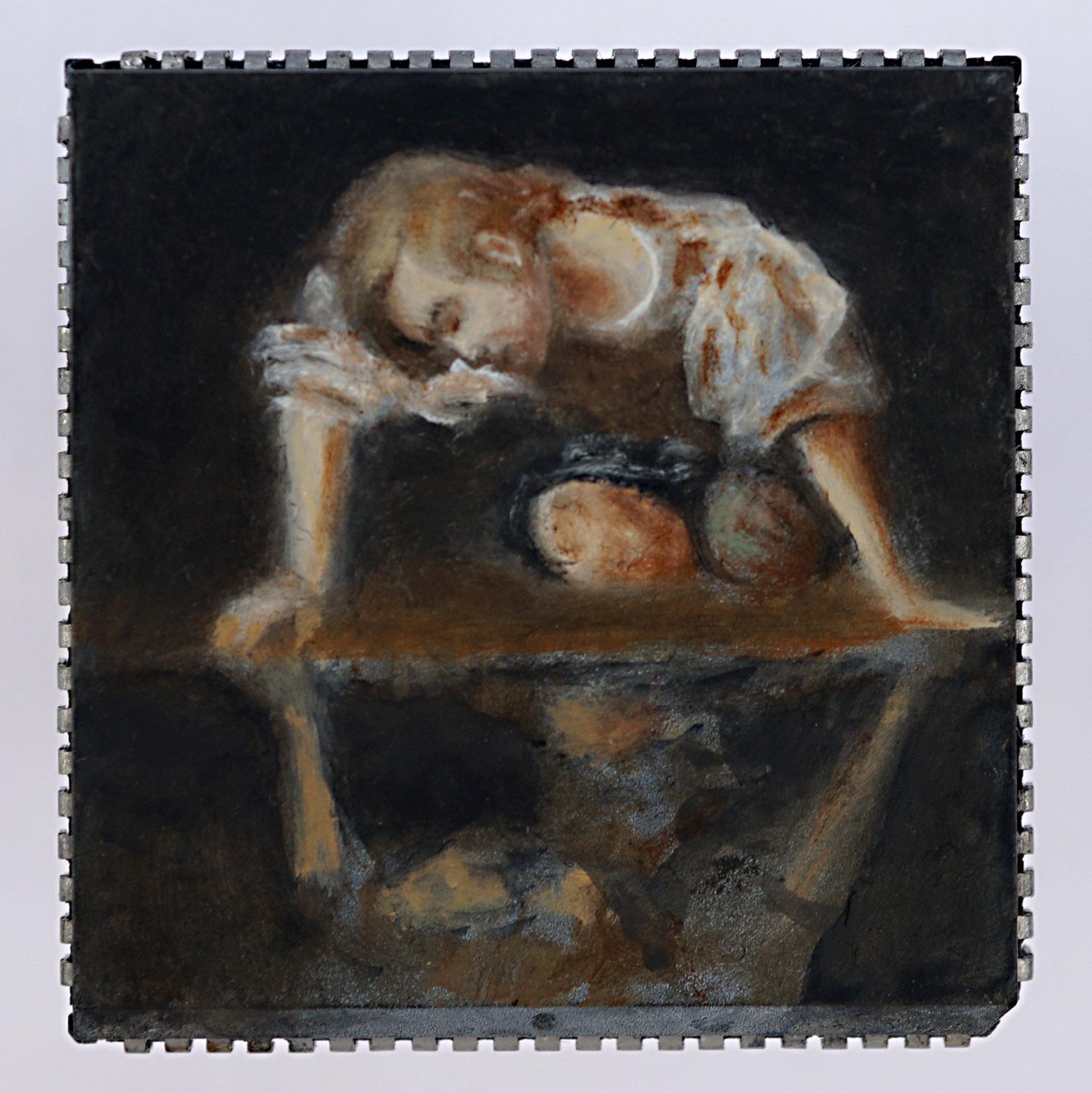 Narcissus, Oil paint on microchip, 2020