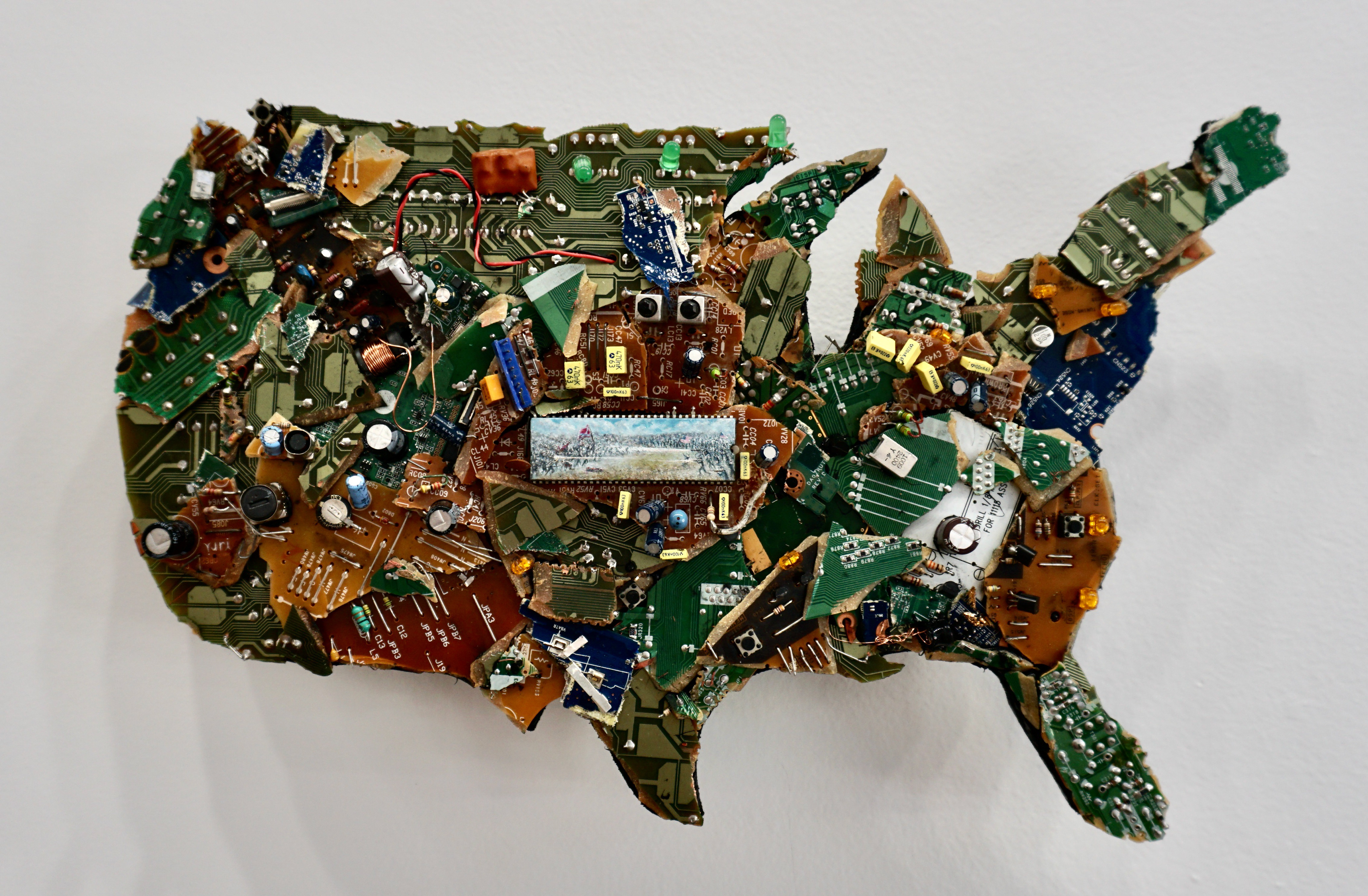 American Online Civil War, oil paint and circuit board assemblage on wood