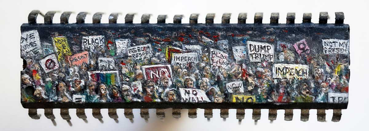 Protest, Oil on microchip, 1.5 x 5 cm, 2017