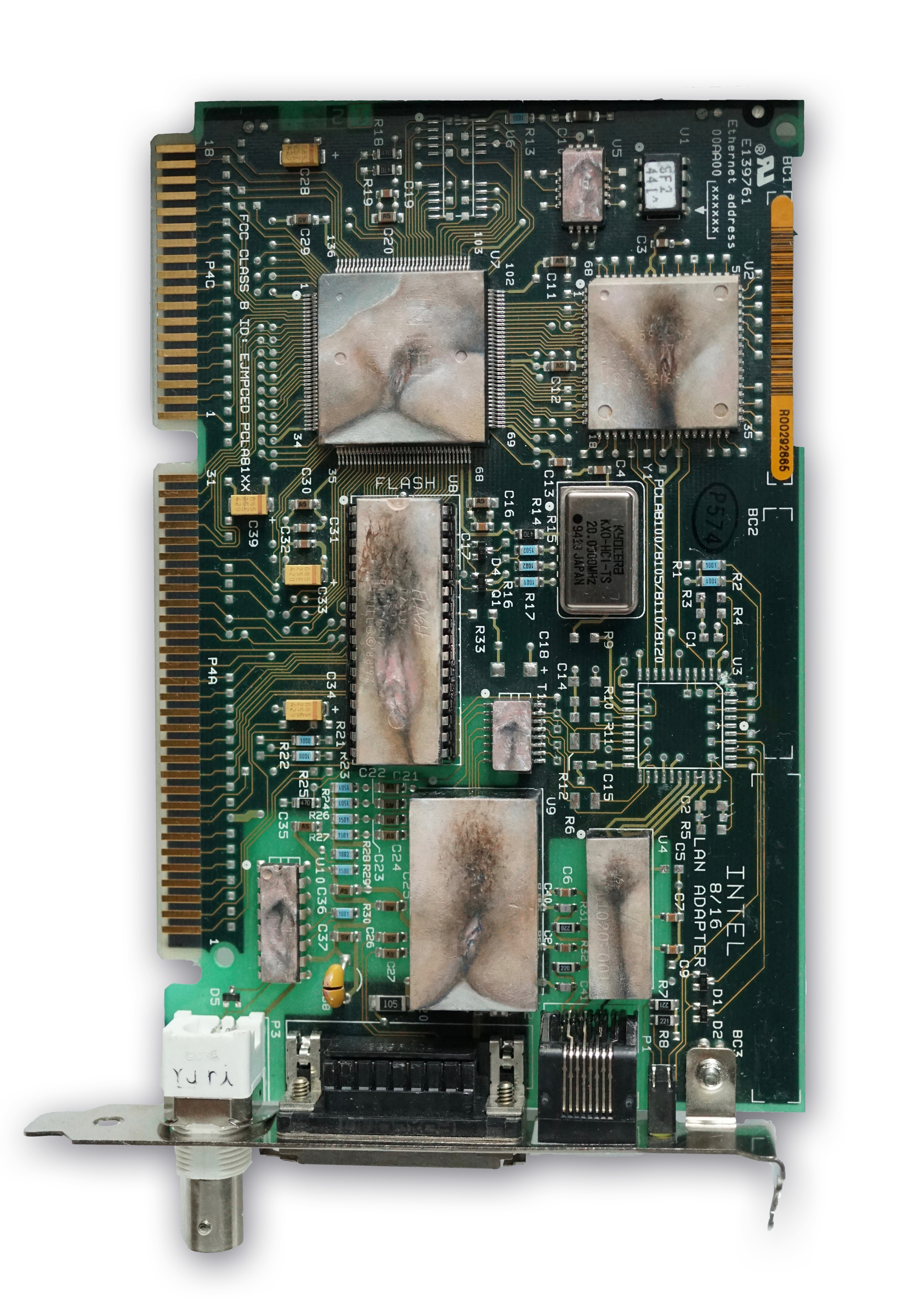 Vaginae (l'Origine du modem), Oil paint on circuit board, 20 x 12 cm, 2018