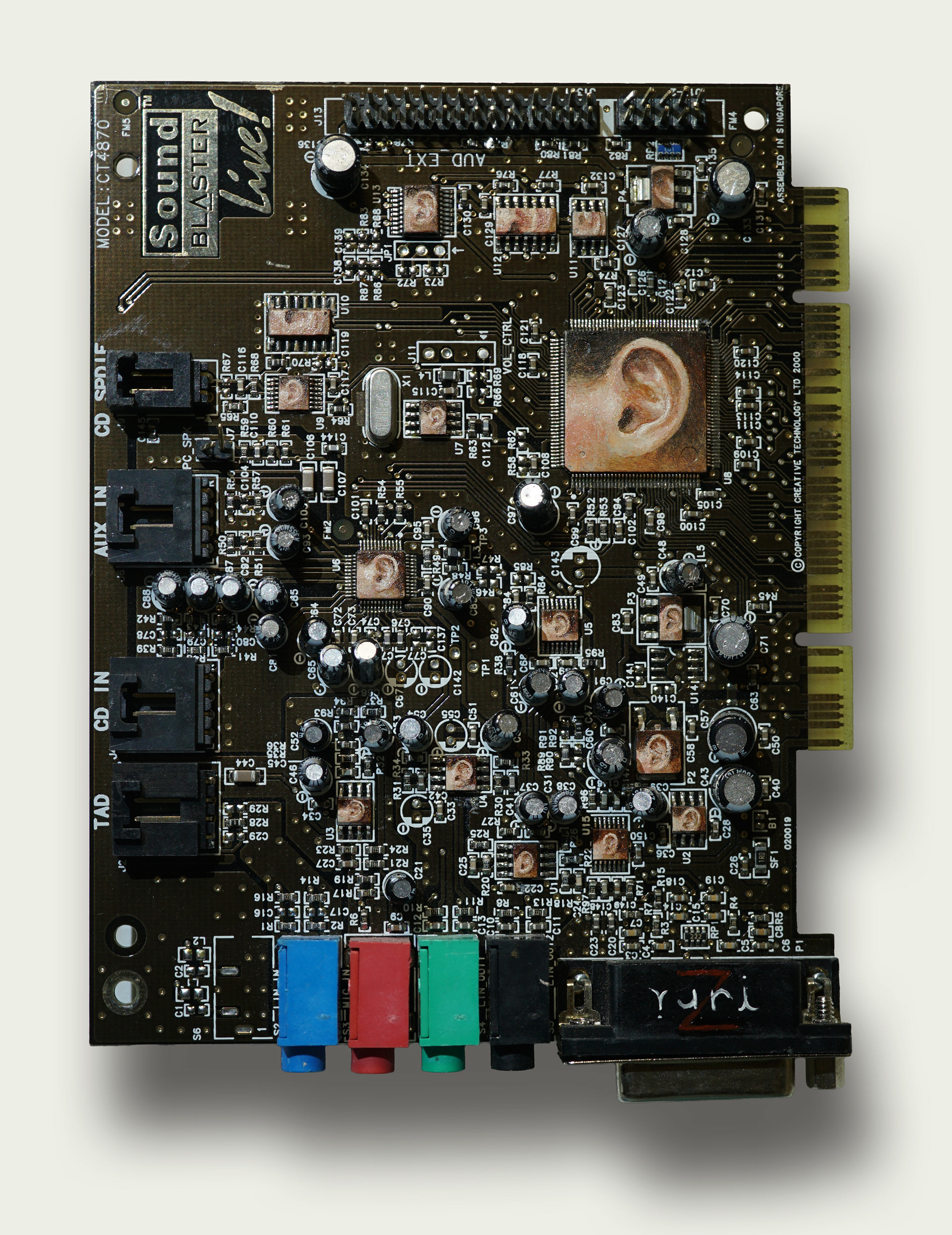 Ears, oil on circuit board, 12 x 8 cm