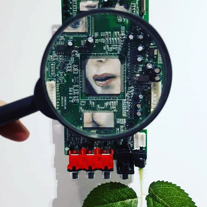 Utilisateur feminine, Oil and assemblage on circuit board