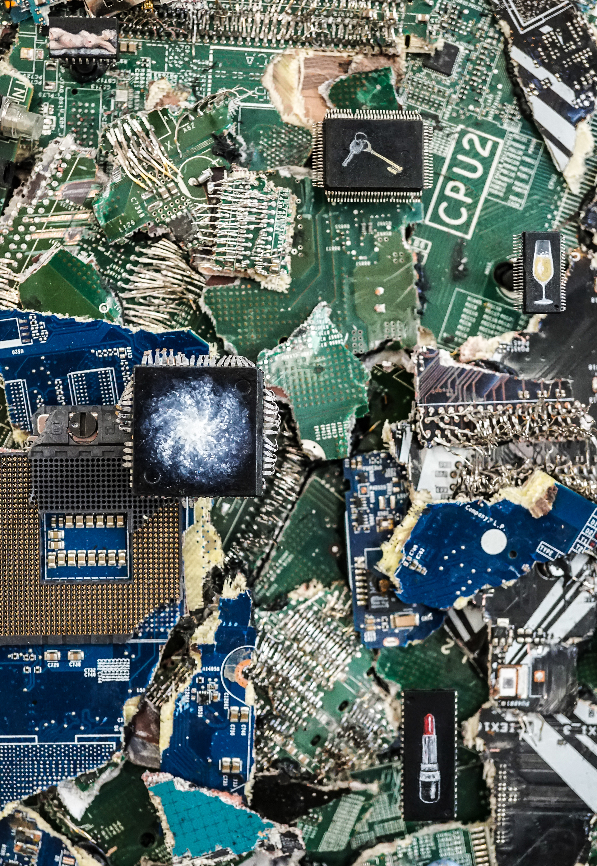 Detail: Thought Cookies, Oil paint, circuits and wood, 50 x 50 x 6 cm, 2025